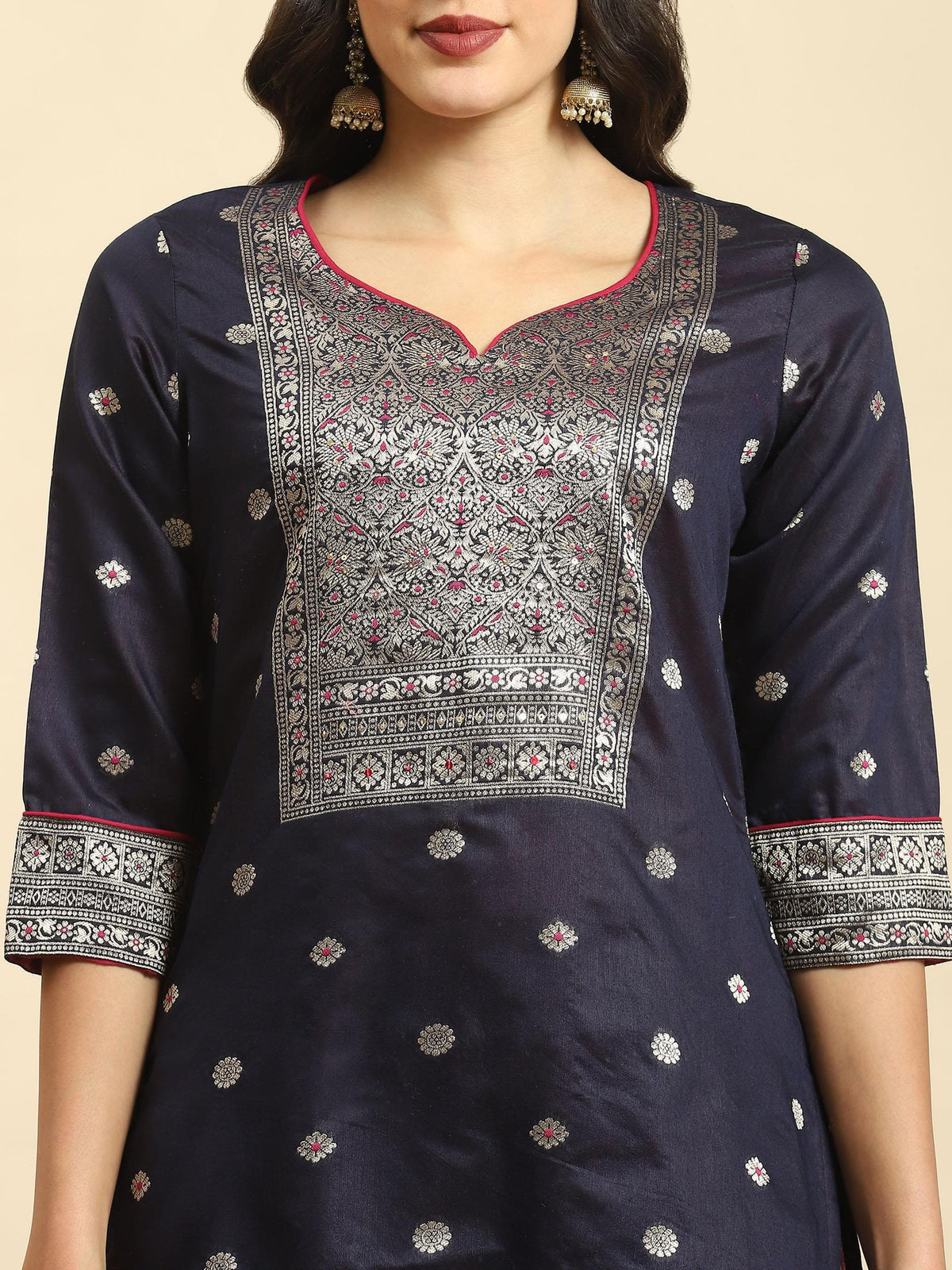 Women Navy Blue Woven Kurta Trouser Dupatta.