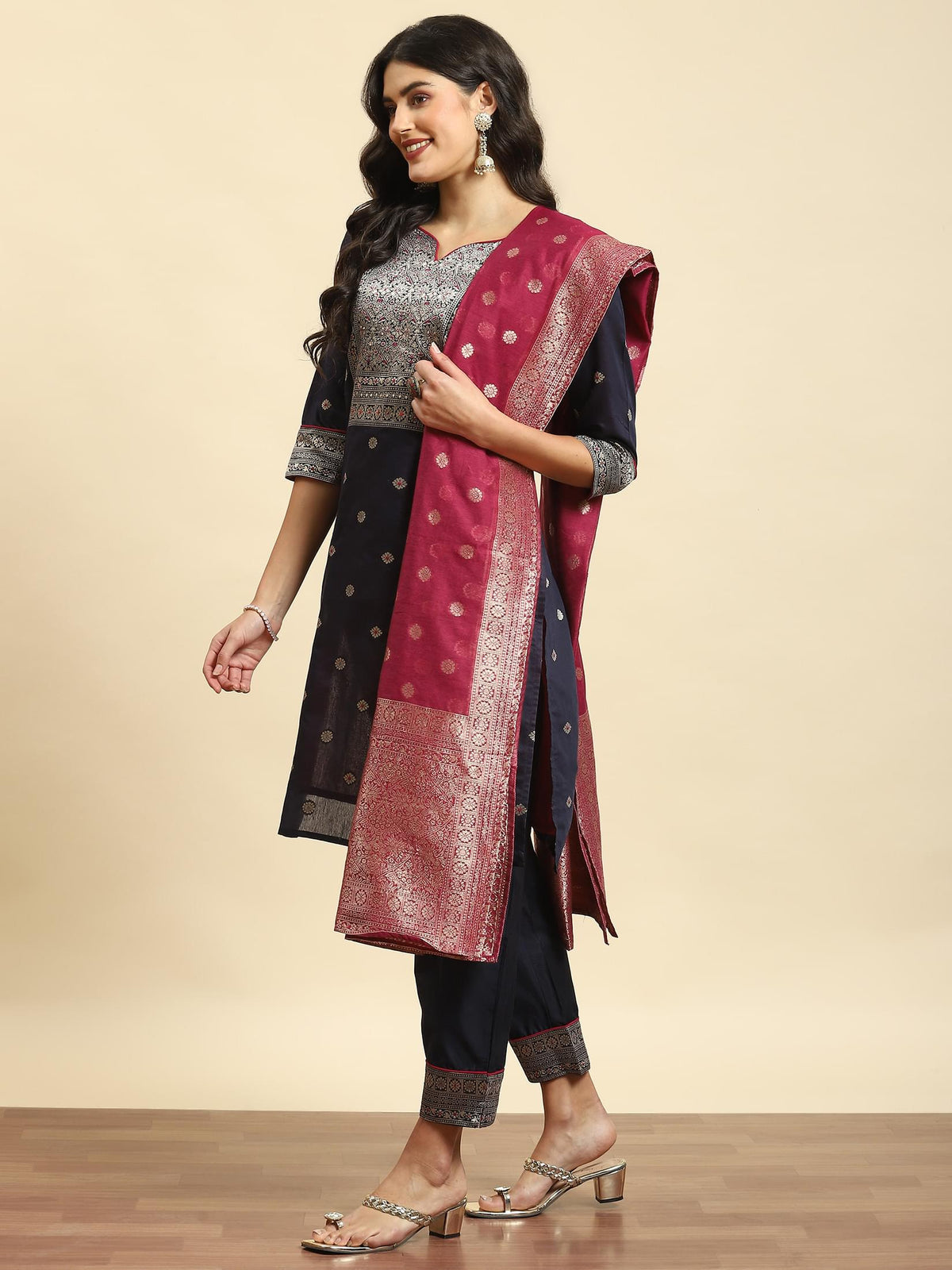 Women Navy Blue Woven Kurta Trouser Dupatta.