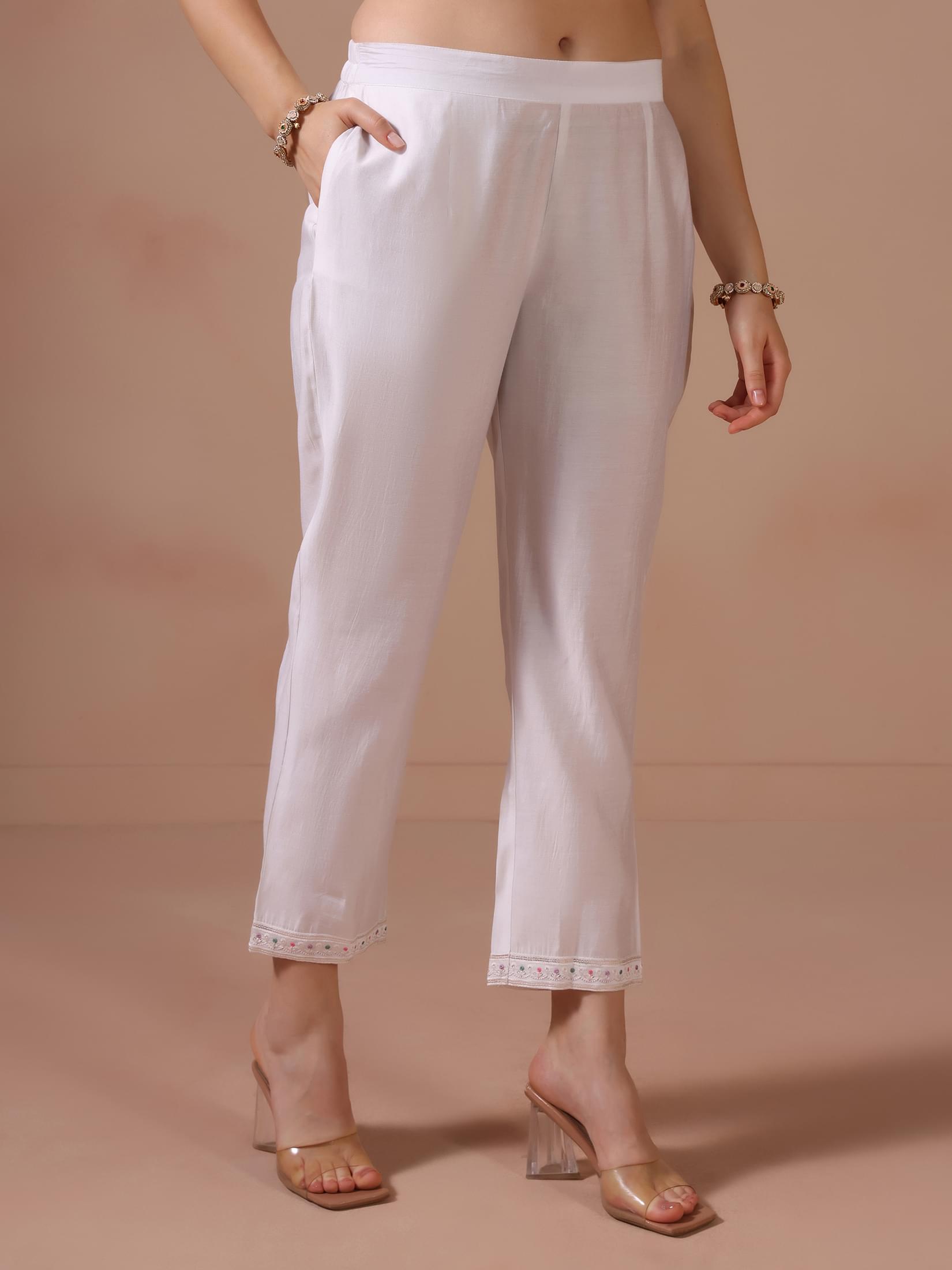 Women Mul Chanderi White Embroidered Kurta Trouser Dupatta.