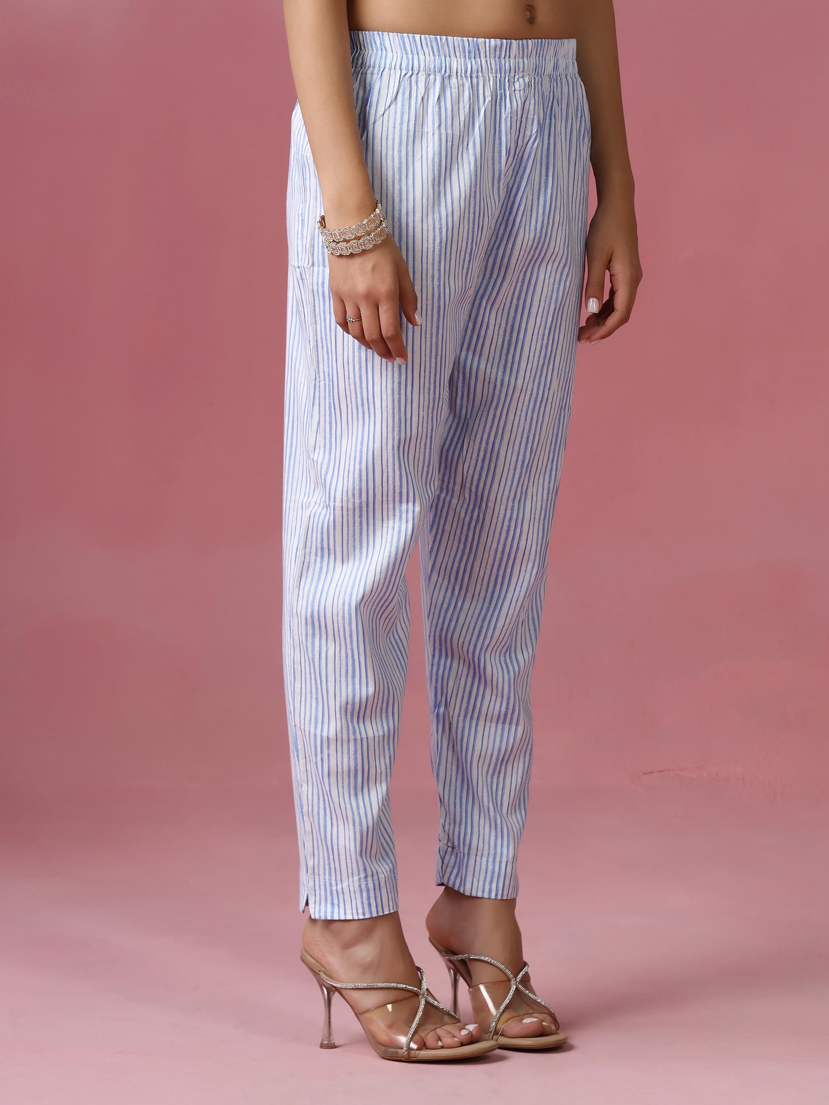 Women Cotton Blue Printed Kurta Trouser Dupatta.