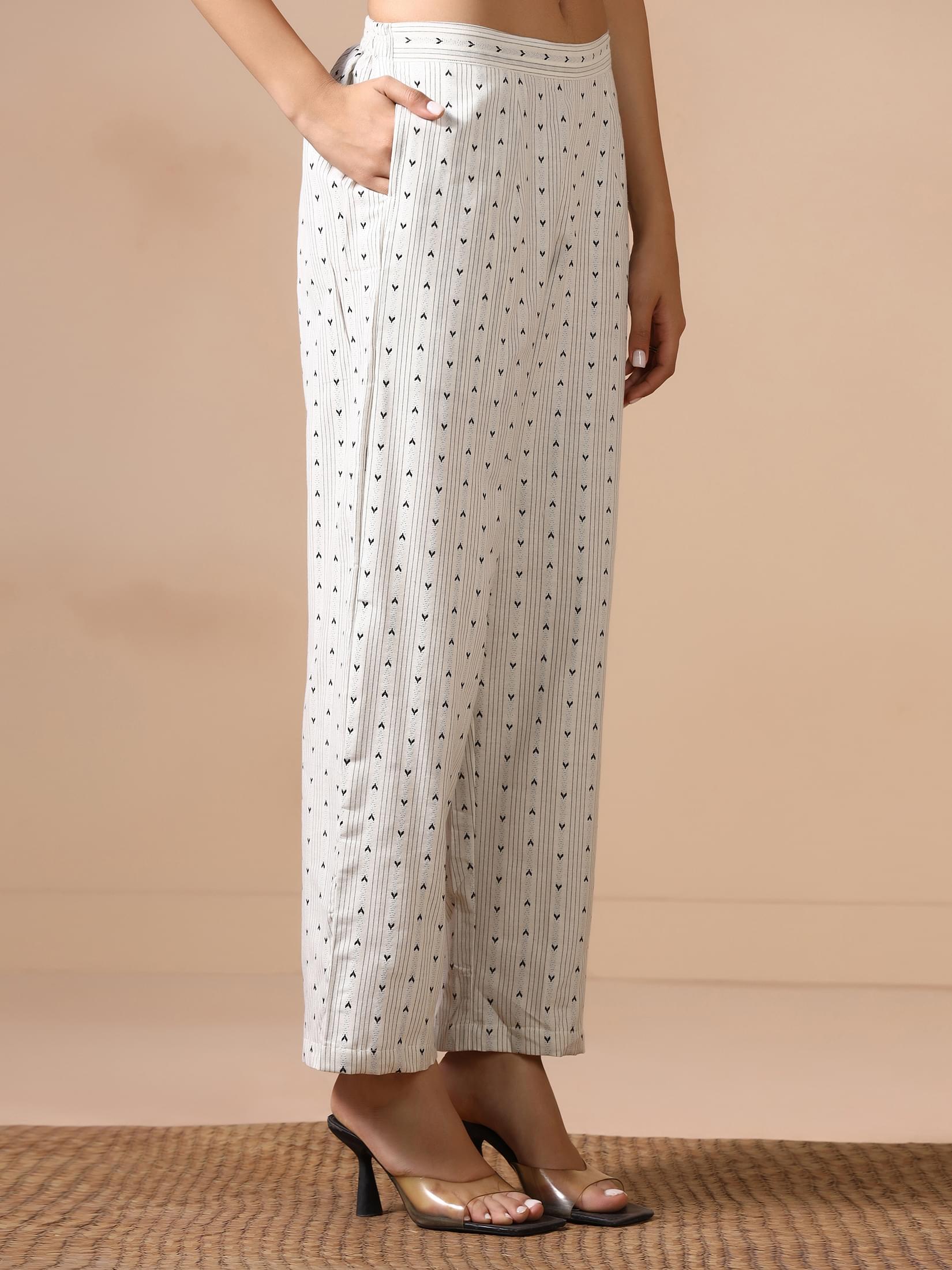 Women Poly Cotton Off White Yarn Dyed Kurta Comfort Pant Dupatta.