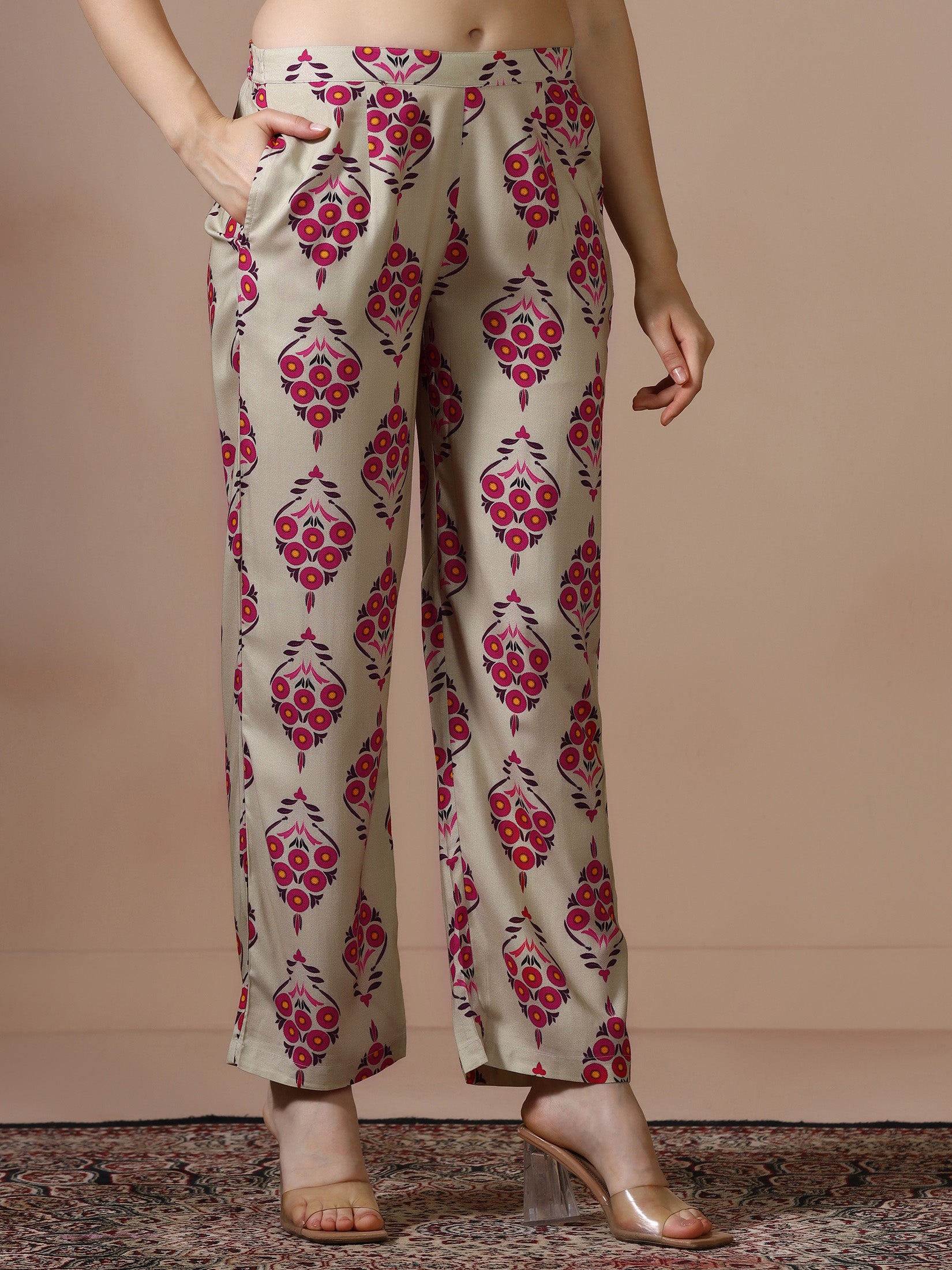 Women Liva Beige Printed Kurta With Comfort Pant