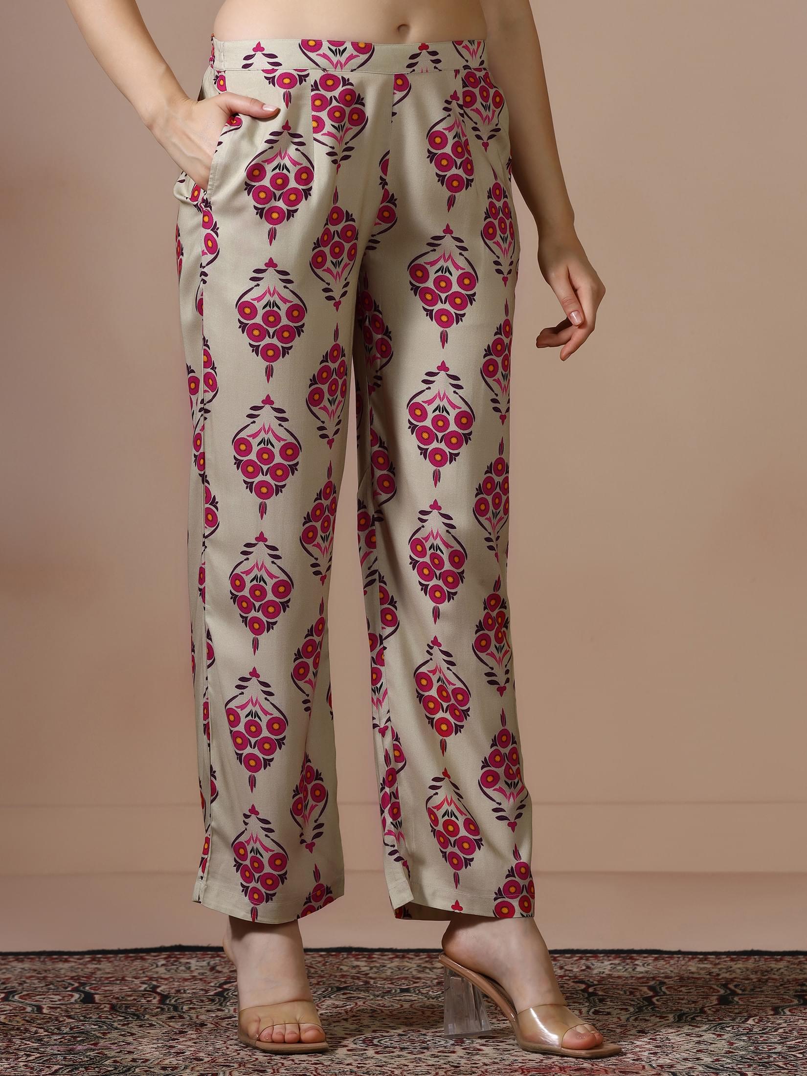 Women Liva Beige Printed Kurta With Comfort Pant.