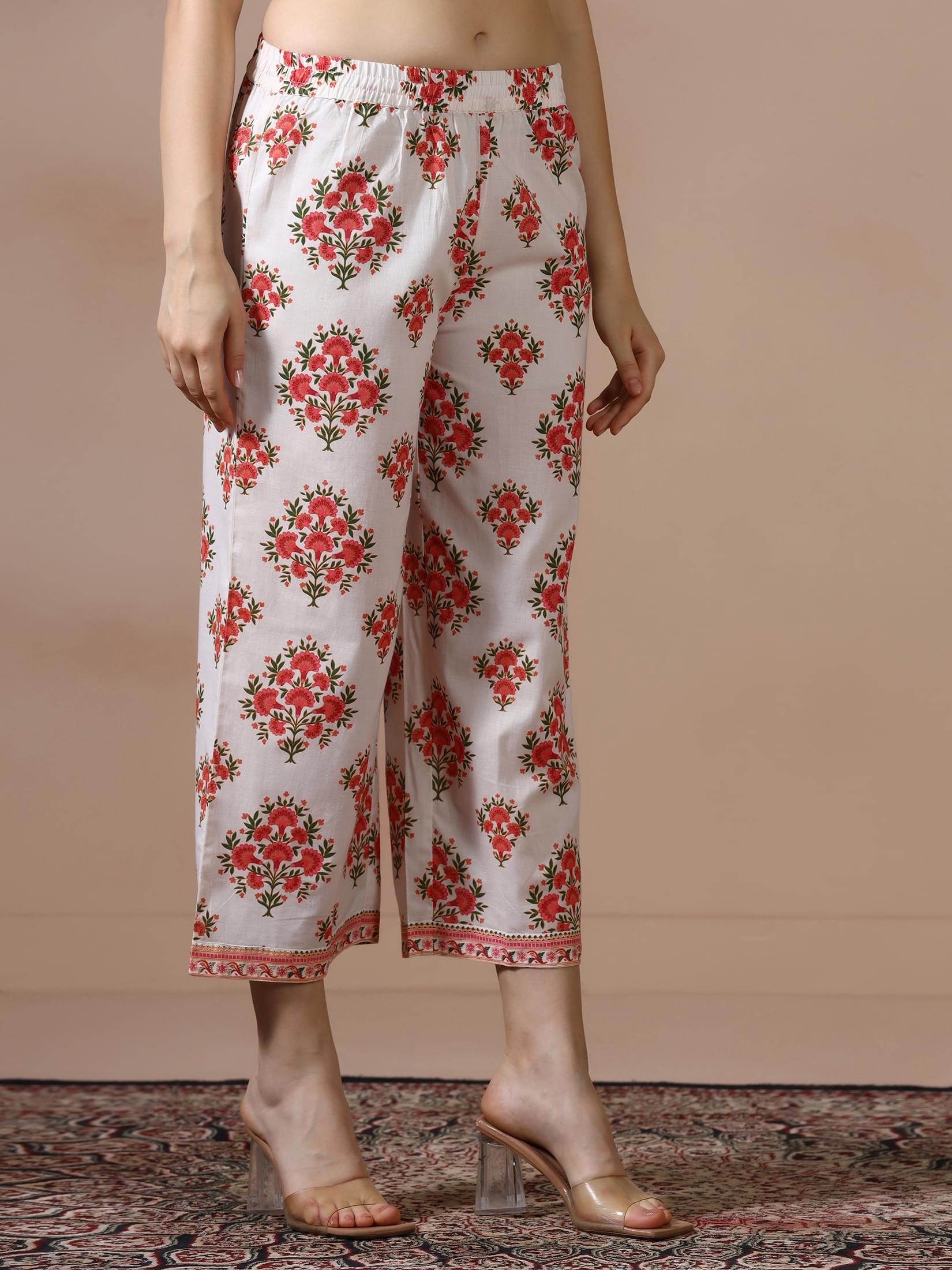 Women Cotton Off White and Peach Printed Co Ord Set.