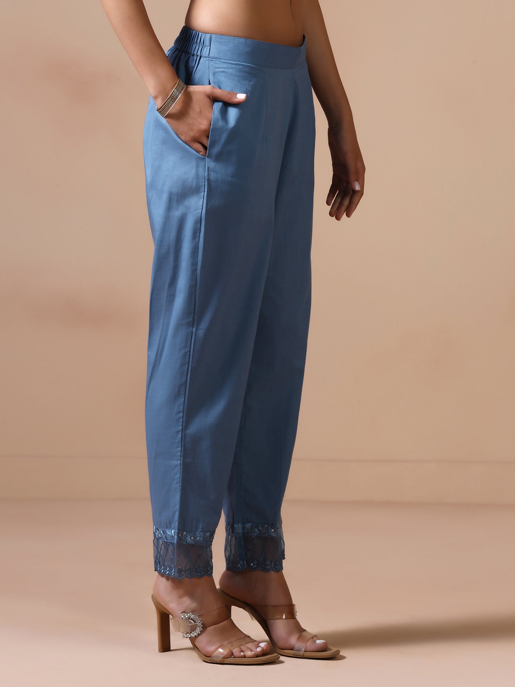 Women Cotton Blue Embroidered Kurta Comfort Pant Dupatta