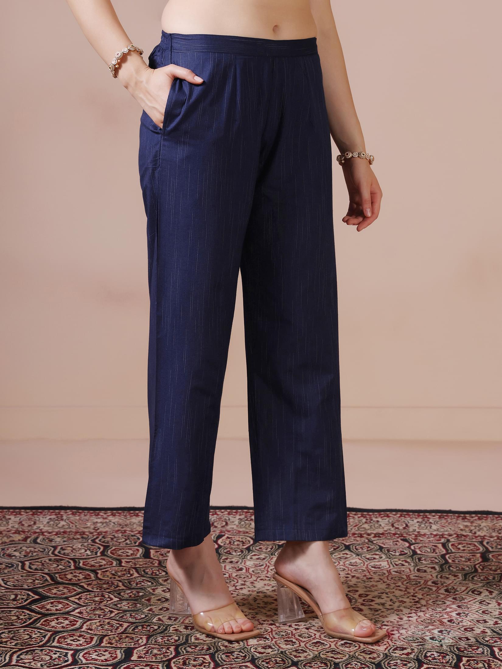 Women Poly Cotton Navy Blue Embroidered Kurta Comfort Pant Dupatta.