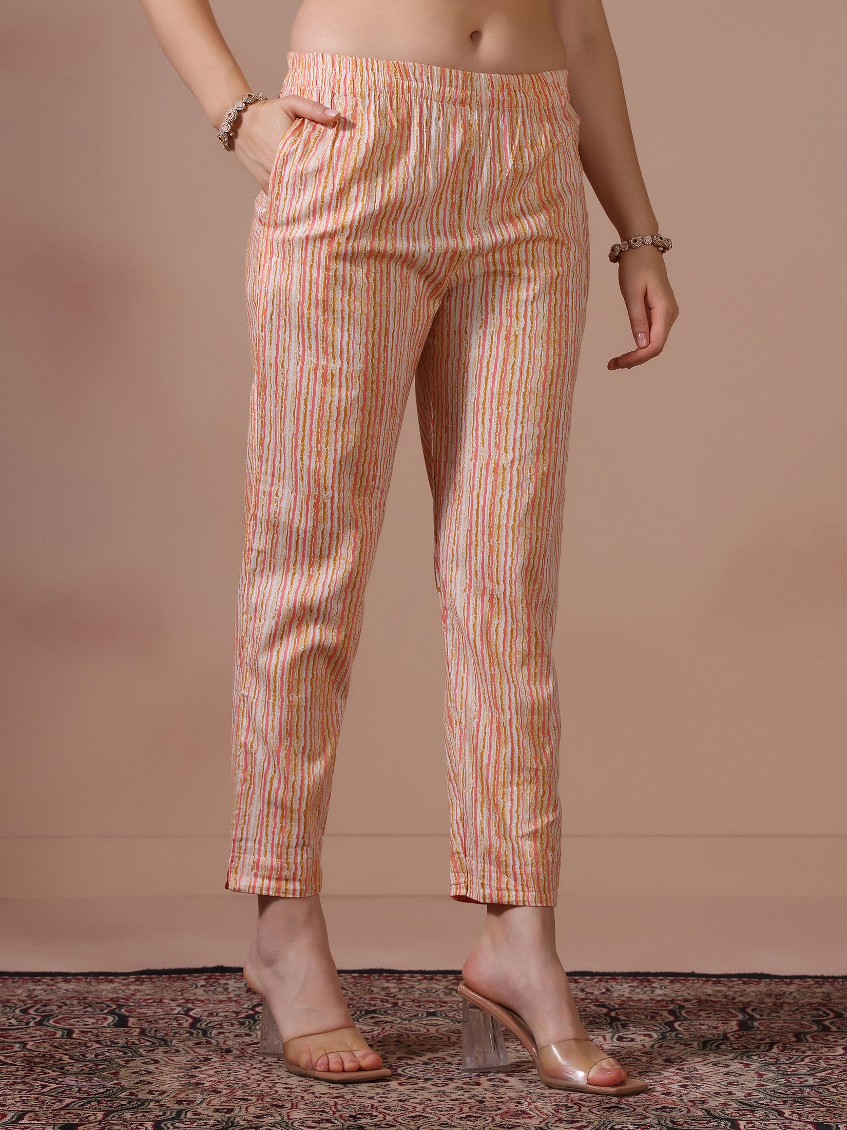 Women Cotton Pink Printed Kurta Trouser Dupatta