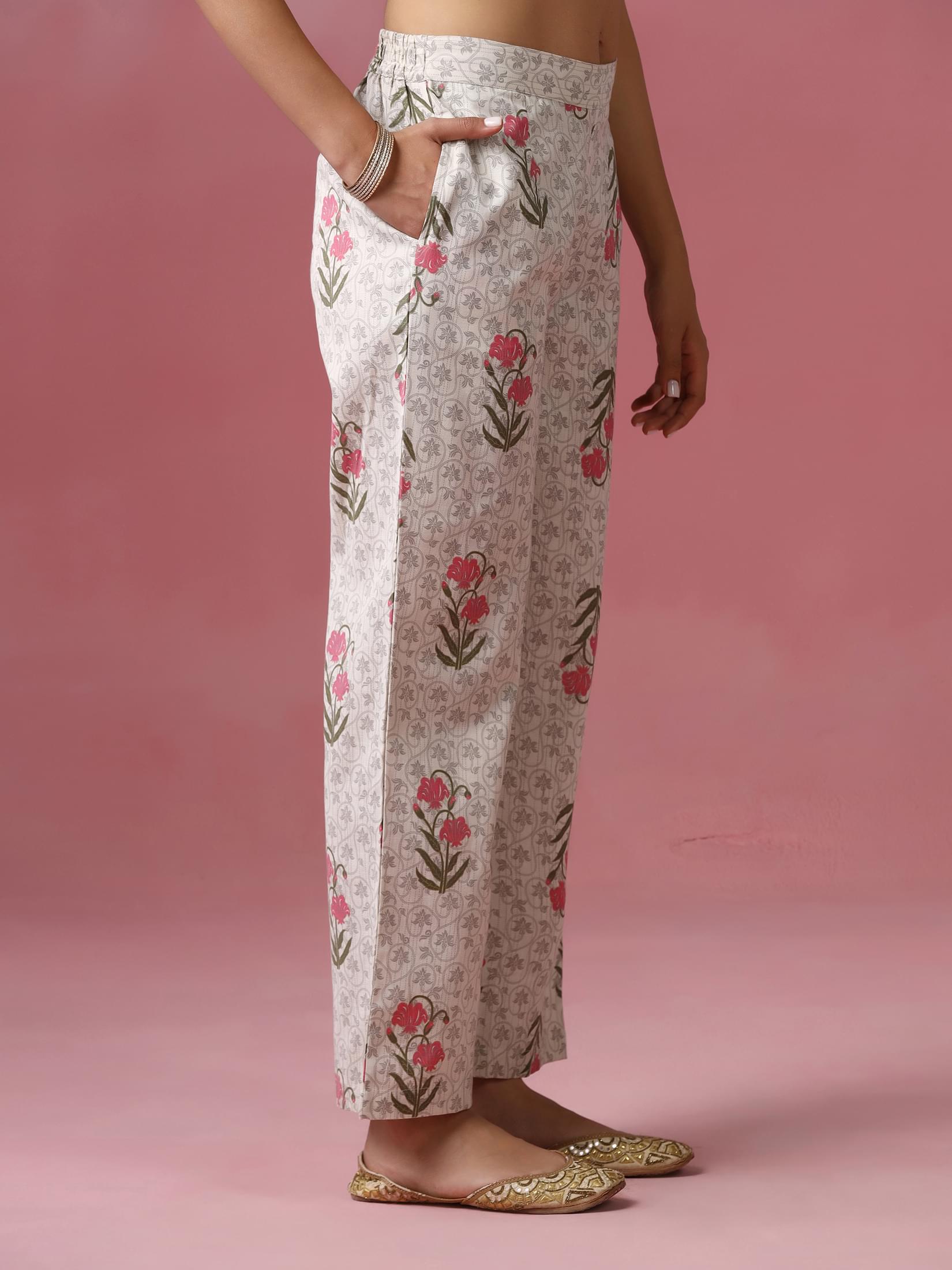 Women Cotton Flex Off White Printed Kurta Comfort Pant Dupatta.