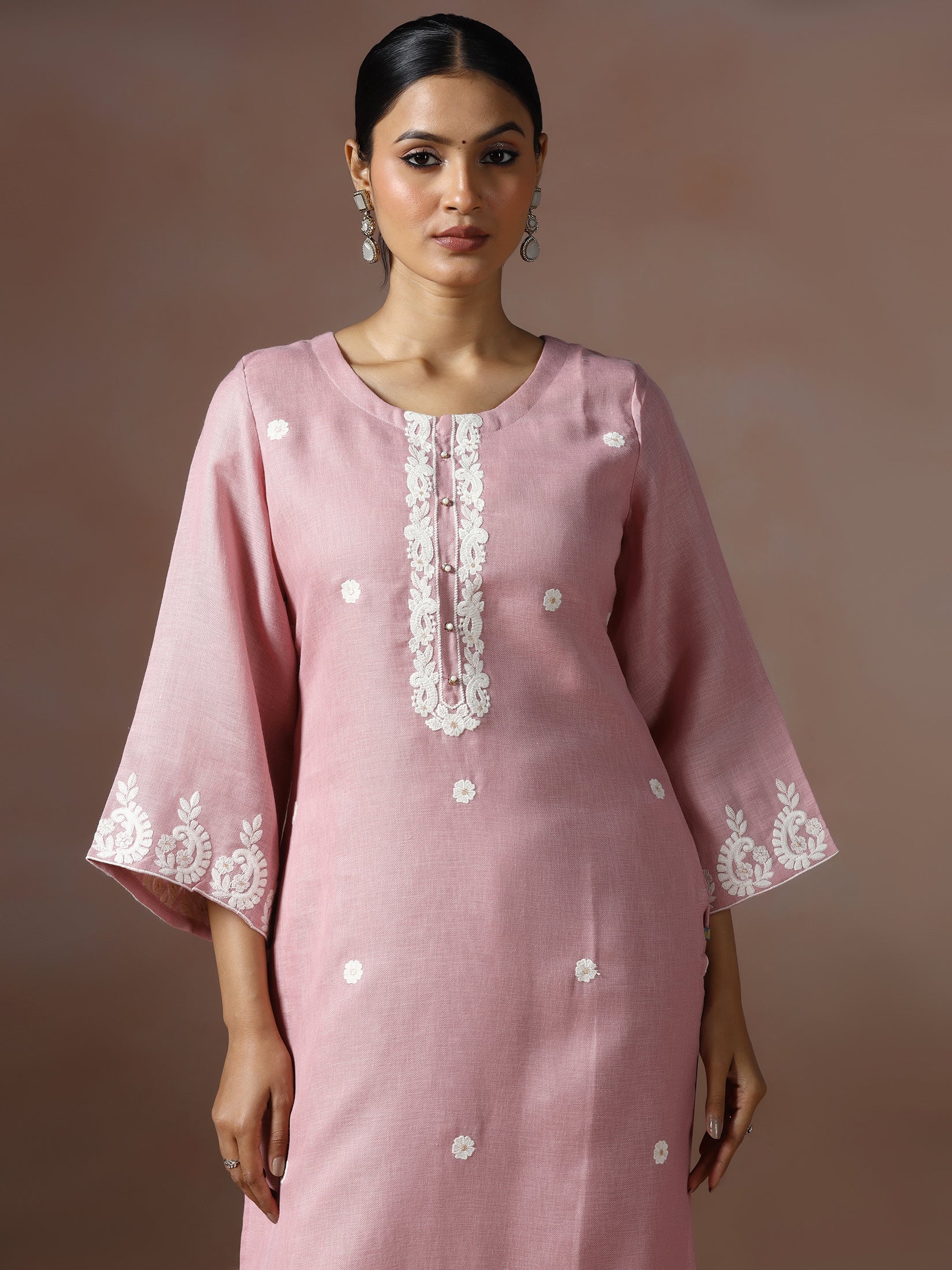 Women Linen Pink Solid embroidered Kurta Comfort Pant Dupatta