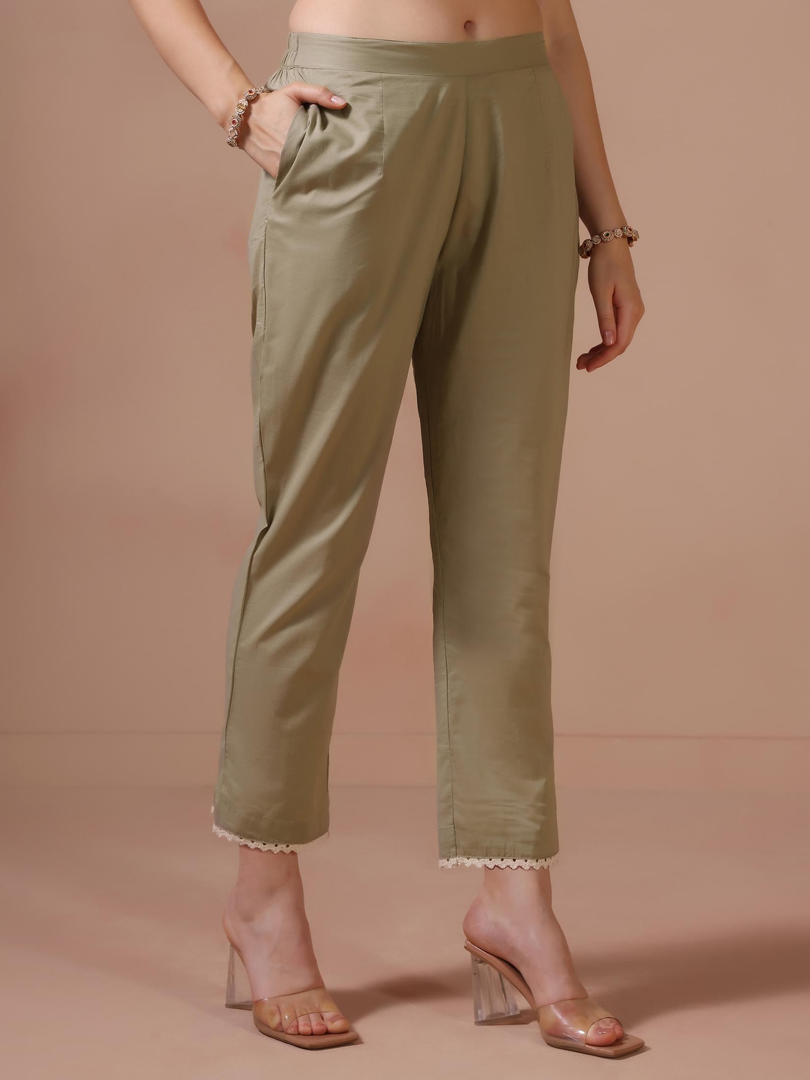 Women Linen Olive Embroidered Kurta Trouser Dupatta.