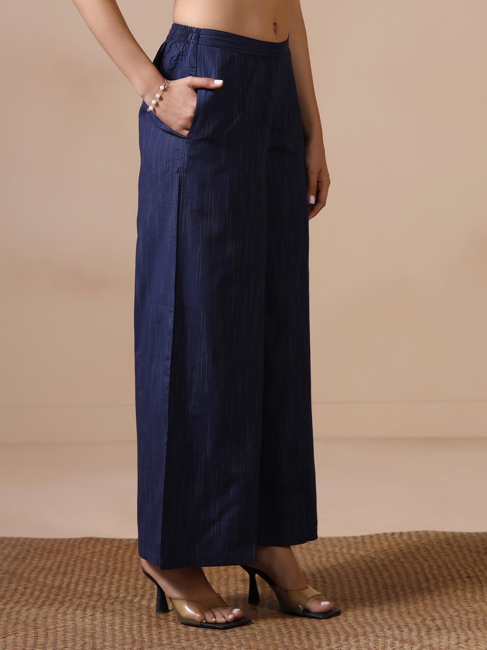 Women Poly Cotton Navy Blue Yarn Dyed Kurta With Wide Leg Pant.