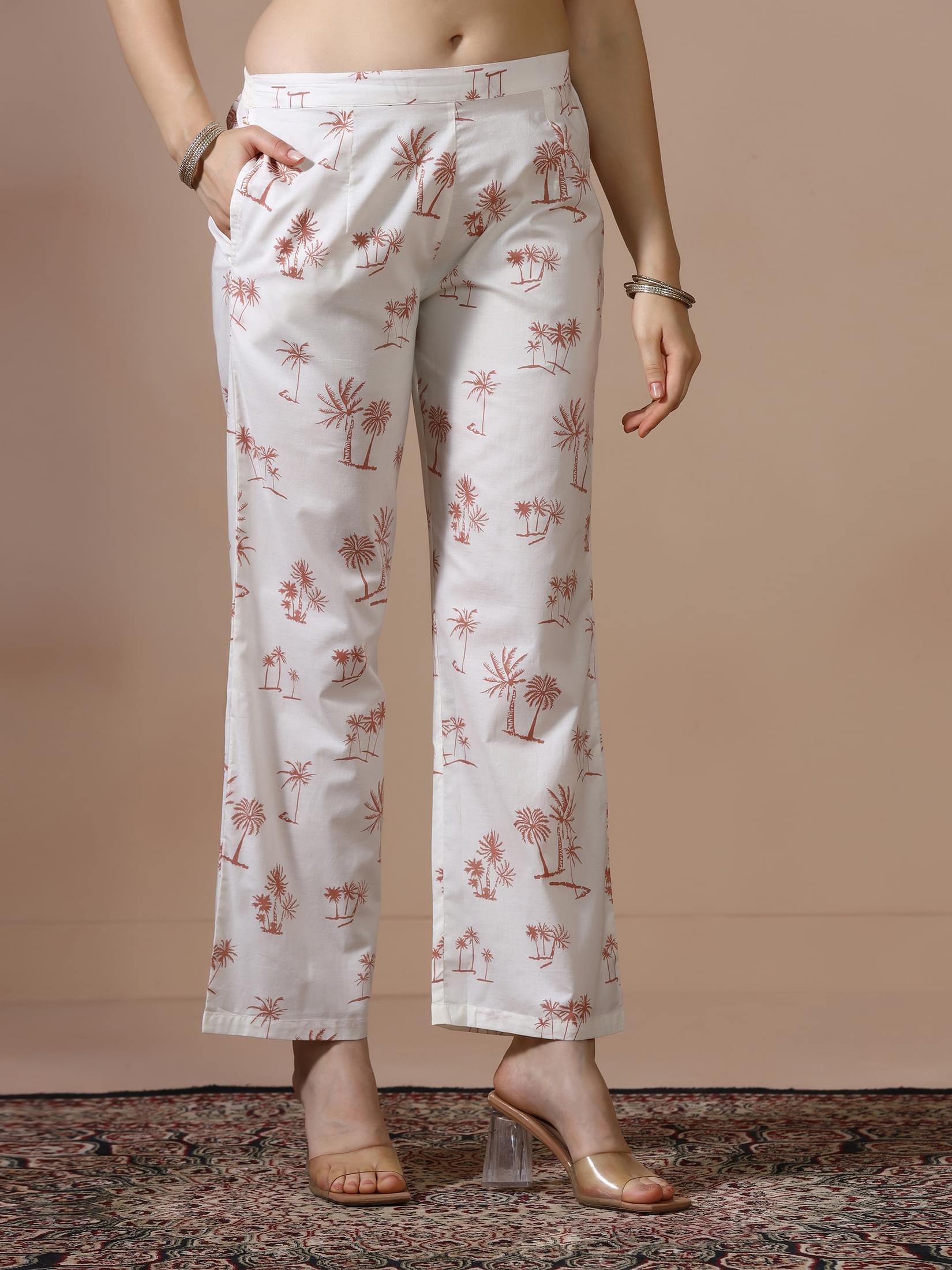 Women Cotton Off White Printed Kurta With Comfort Pant.