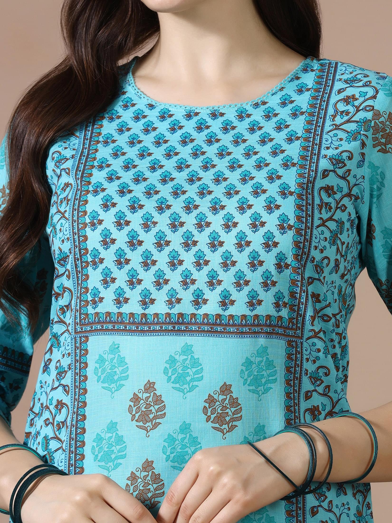 Women Cotton Slub Teal Printed Kurta.