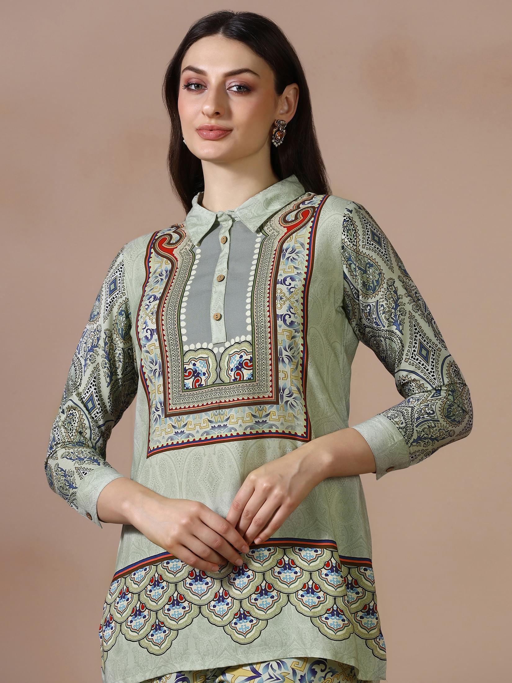 Women Liva Green Printed Co Ord Set.