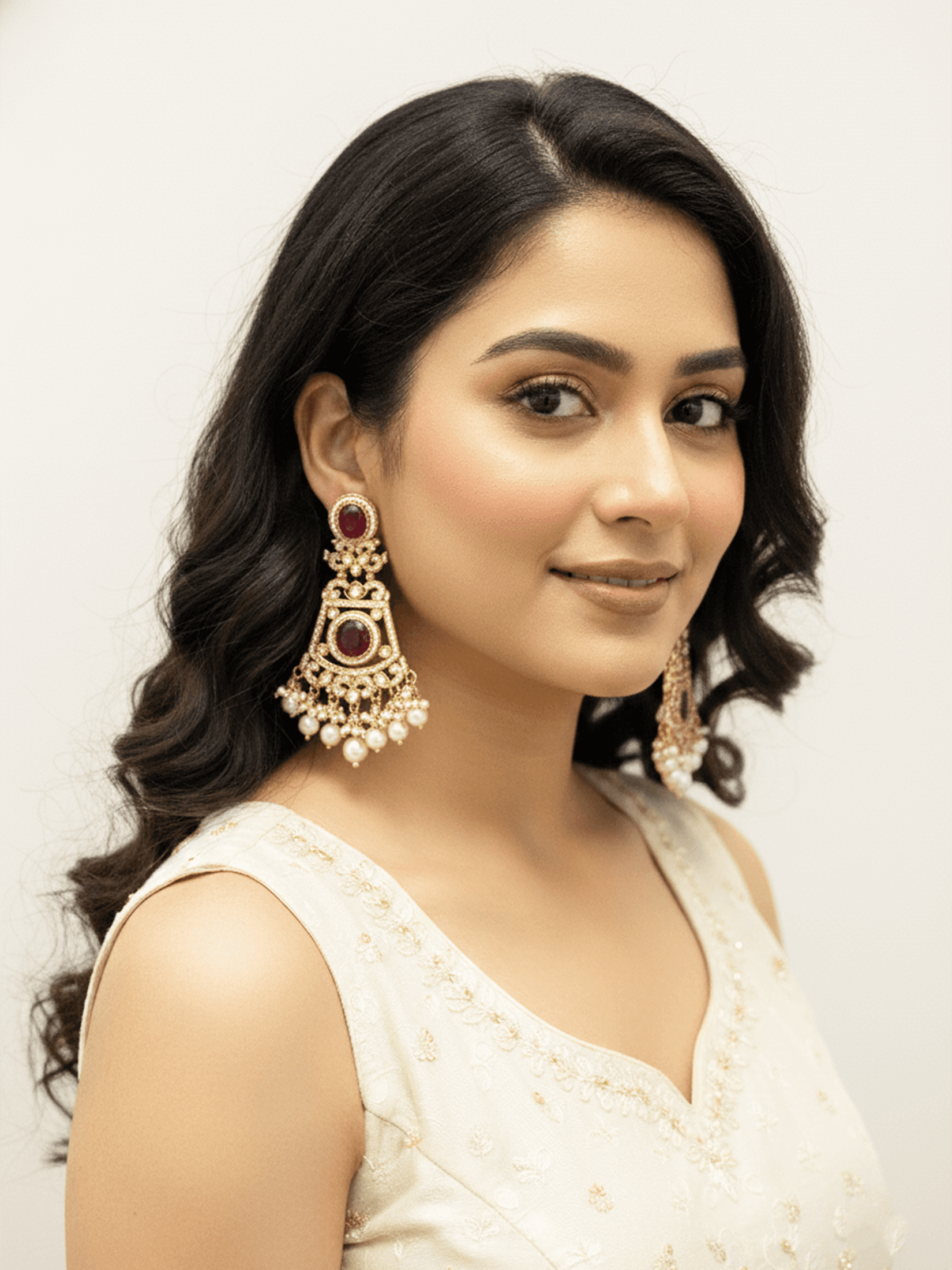 Intricate handcrafted Kundan drop jhumkas accented with classic maroon stones