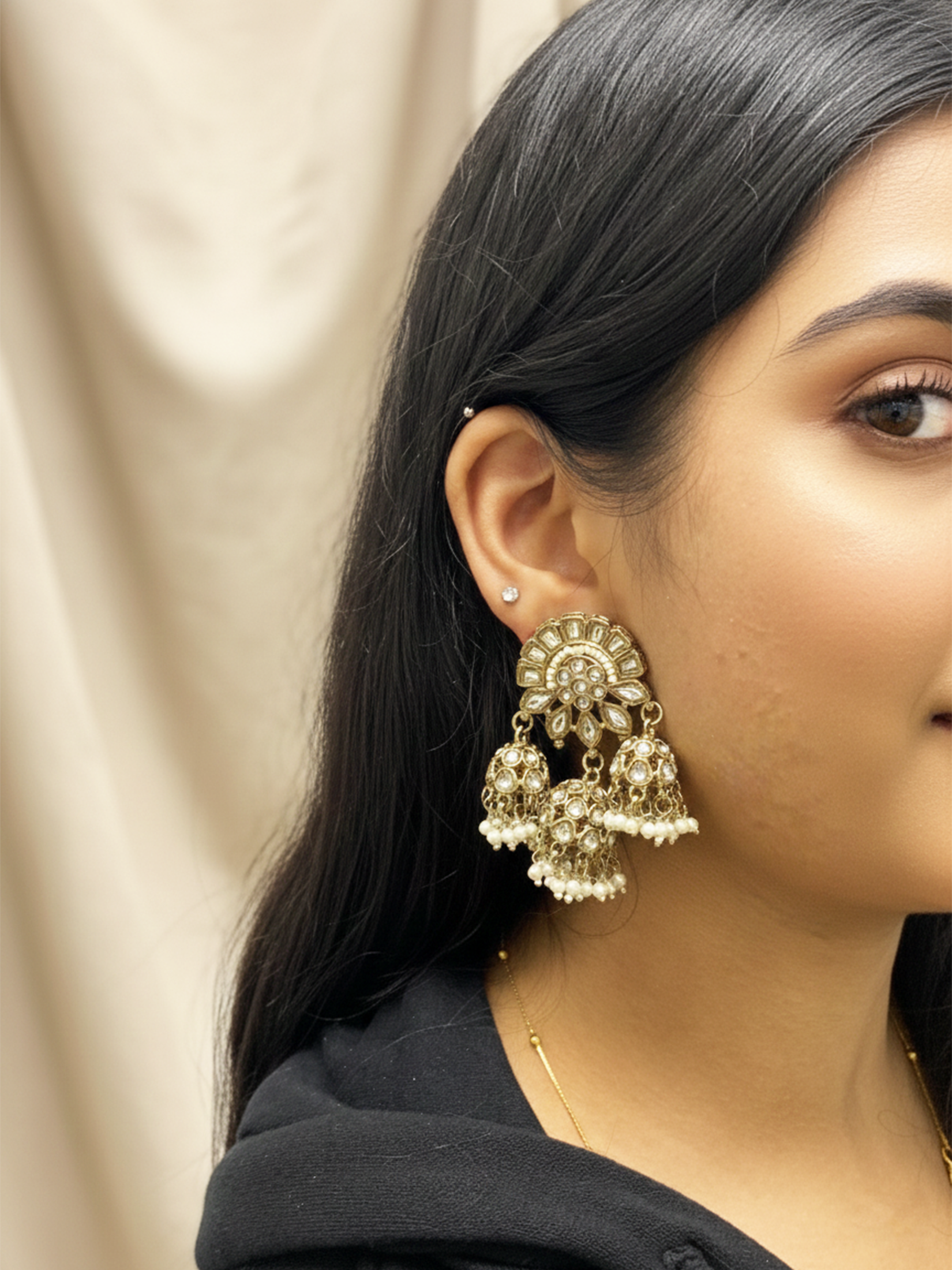 Antique Gold Dangler Earrings With Small Jhumkas