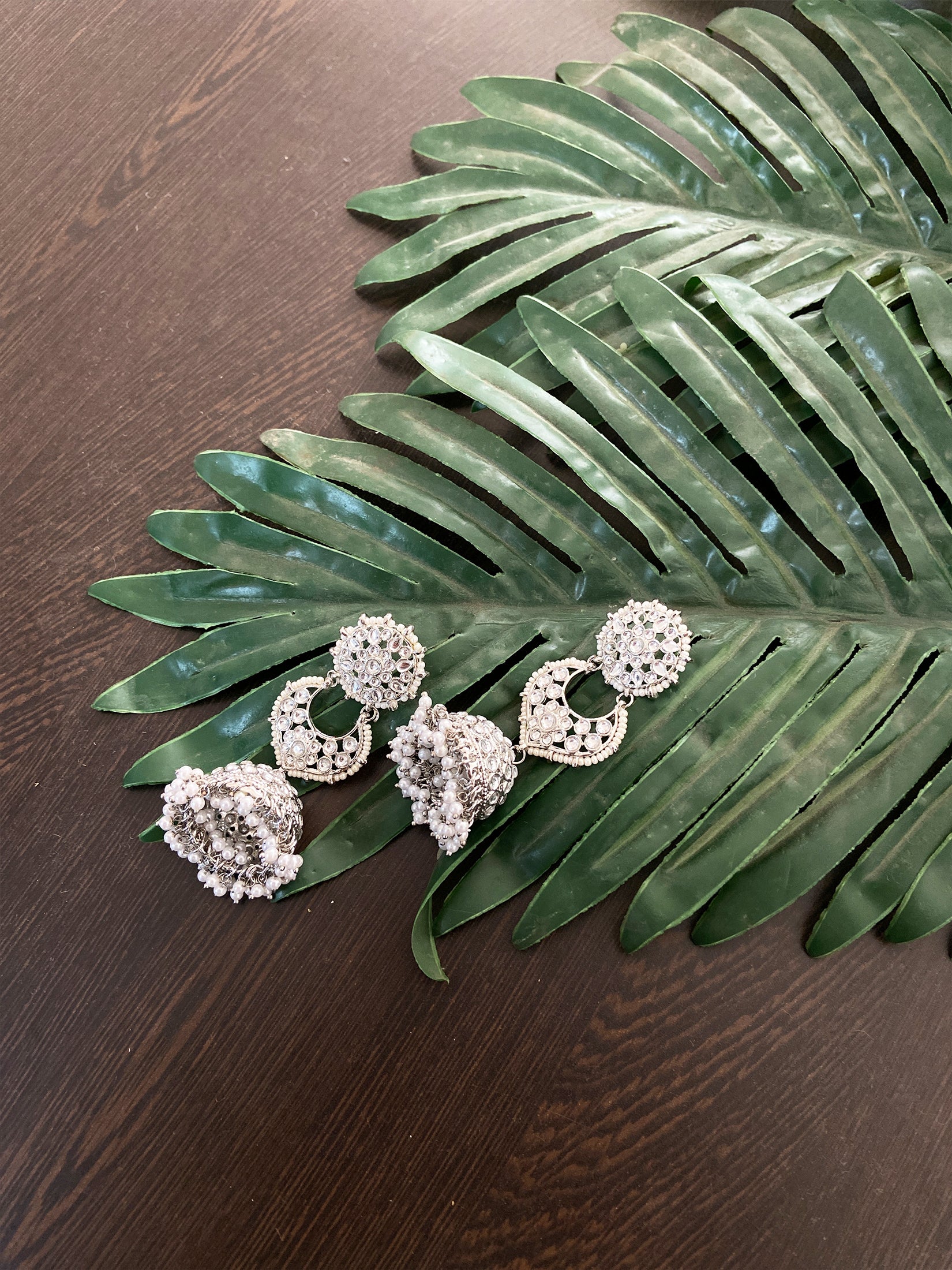 Long Silver Stone-Studded Jhumkas