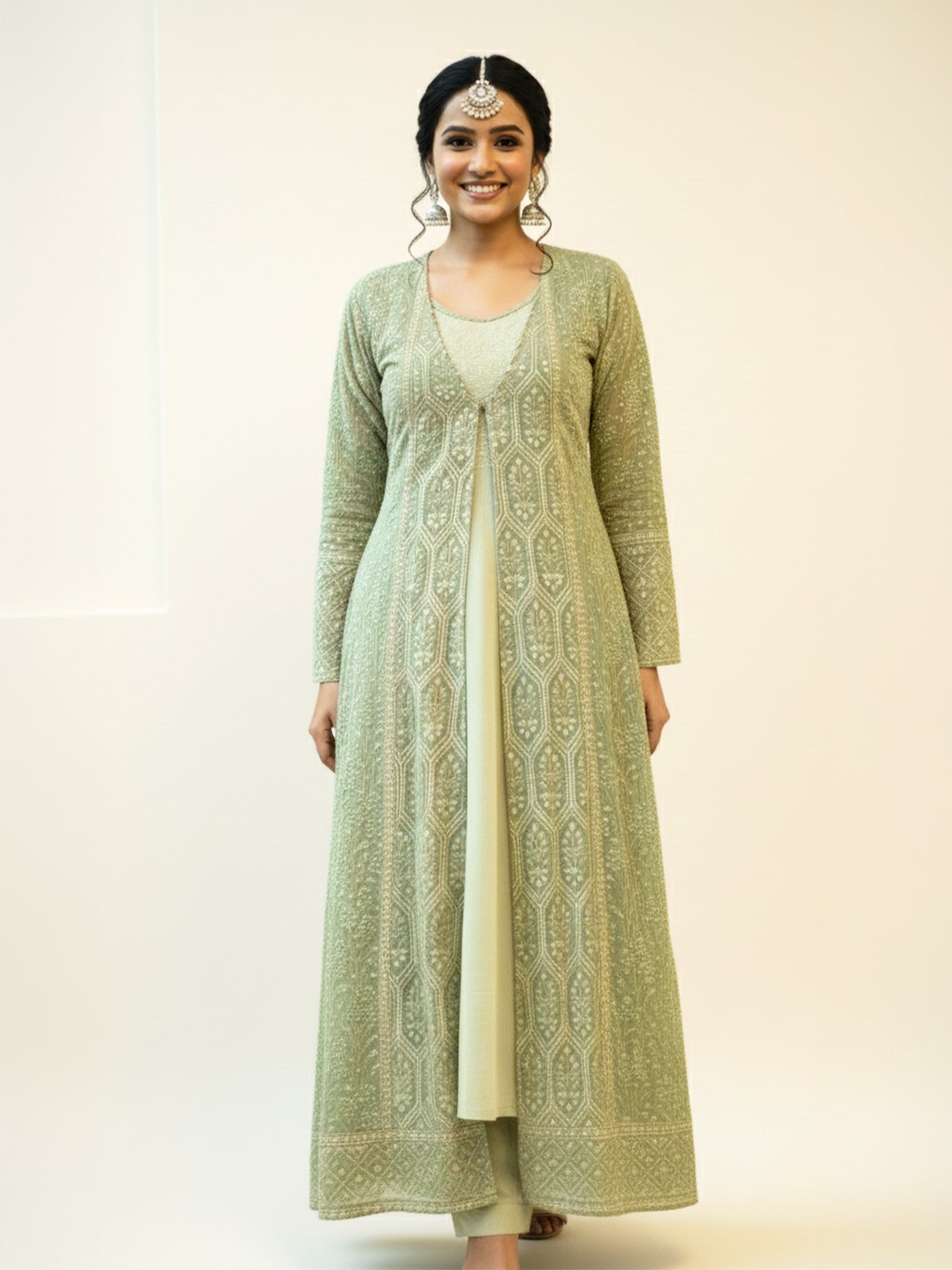 Women Green Georgette Embroidered Fit And Flare Dress