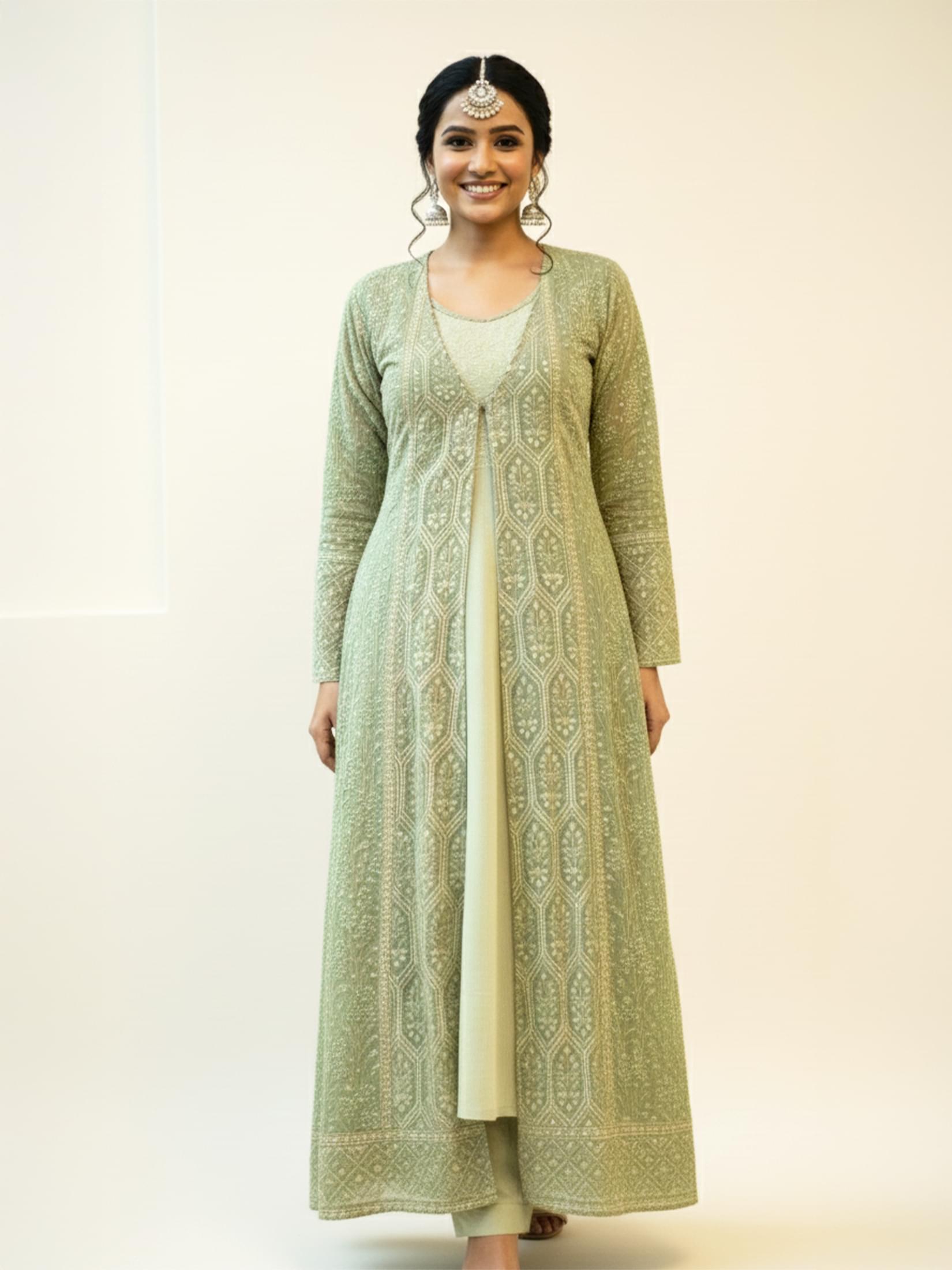 Meadow green embroidered georgette fabric fit and flare ethnic dress