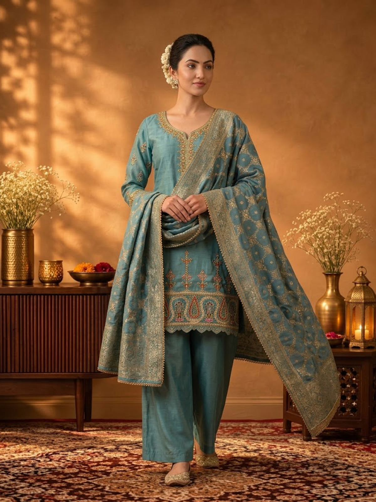Women Steel Blue Viscose Jacquard Adda Work Kurta Wide Leg Pant Dupatta