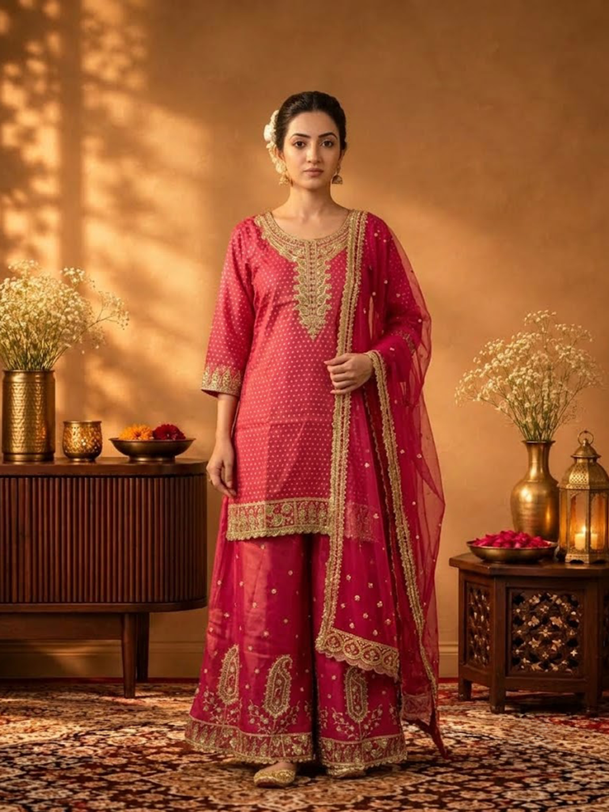 Women Pink Viscose Jacquard Adda Work Kurta Palazzo Dupatta
