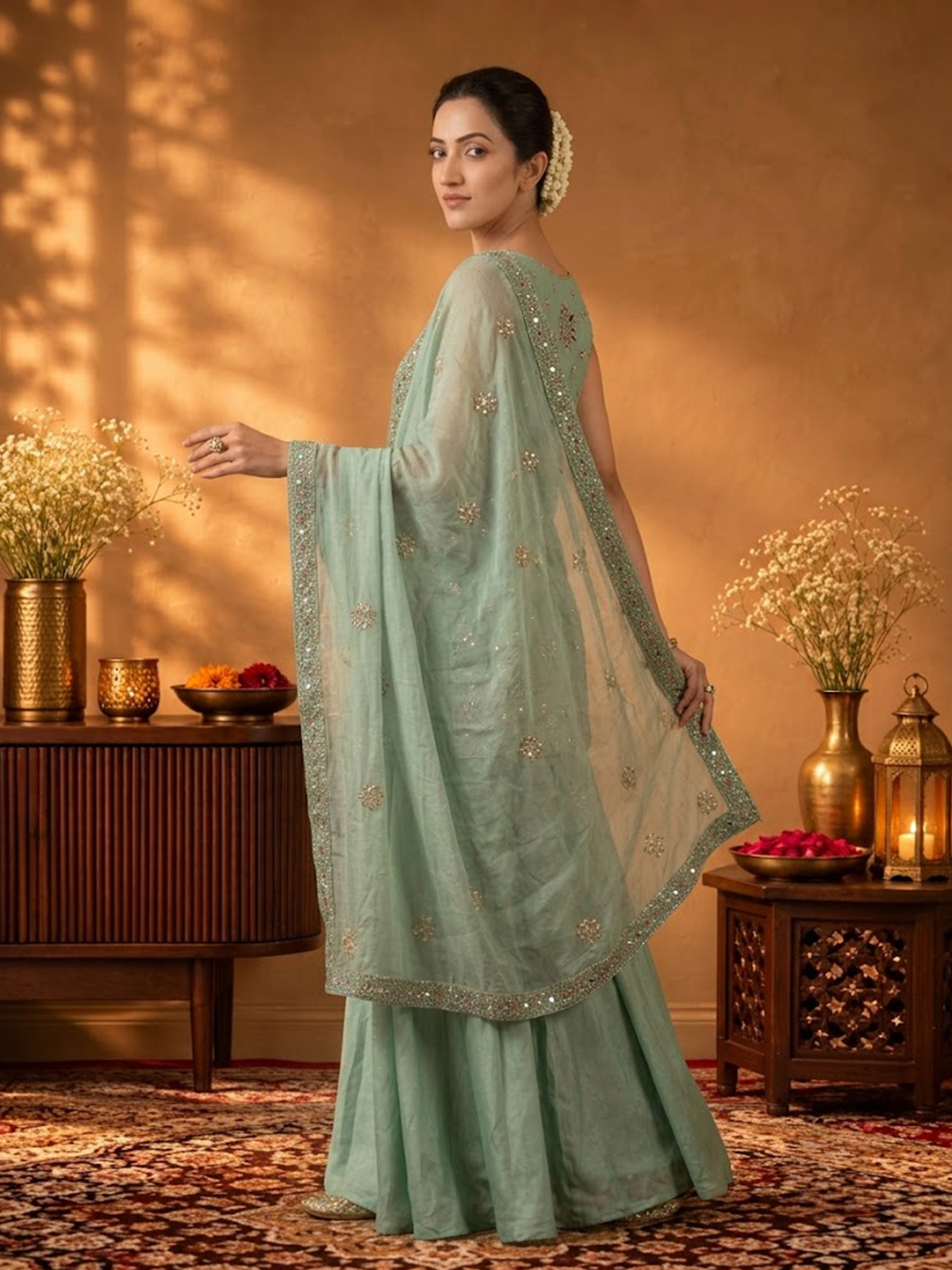 Women Aqua Blue Viscose Adda Work Crop Top Wide Leg Dupatta