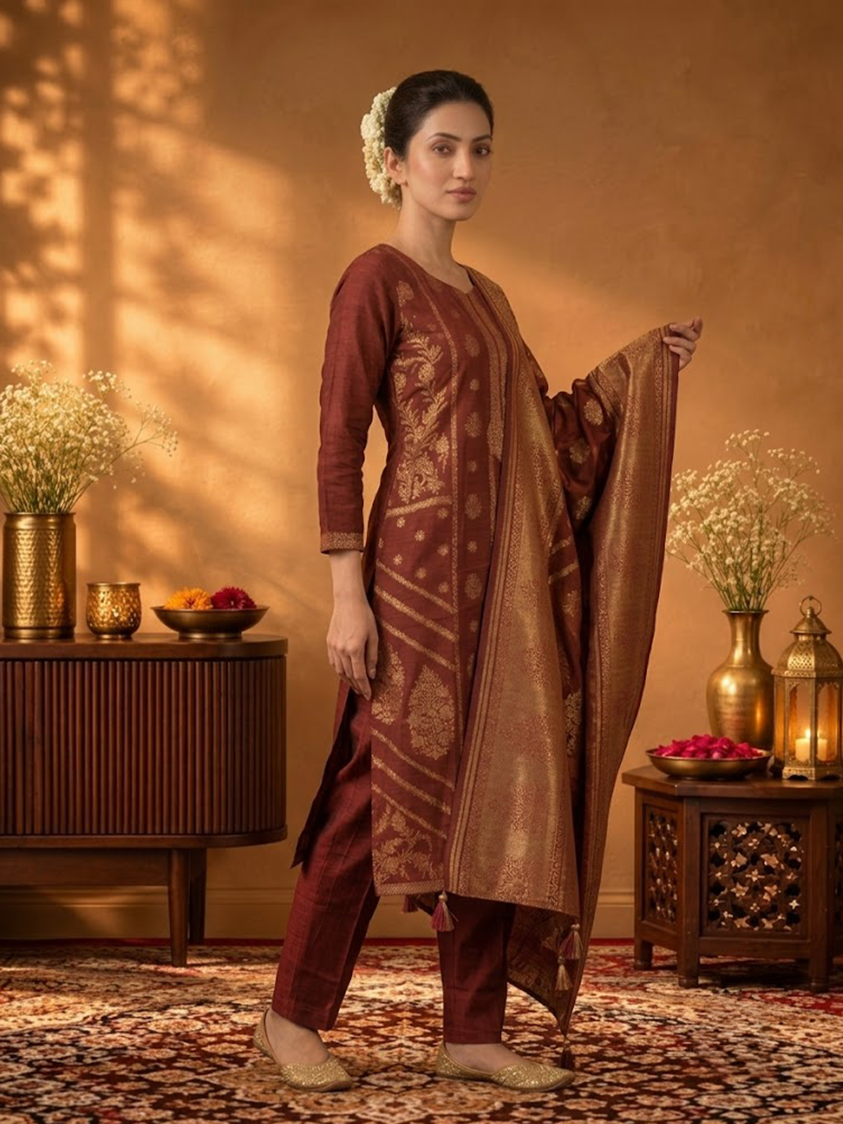 Women Dull Maroon Viscose Jacquard Kurta Comfort Pant Dupatta