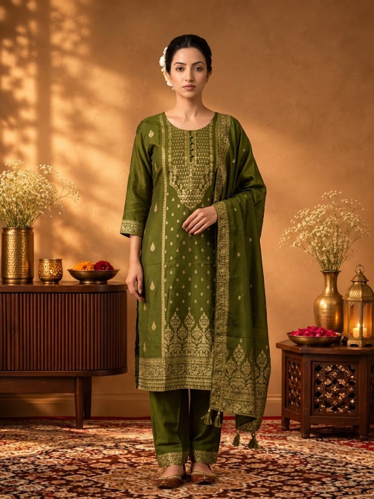 Women Olive Viscose Jacquard Kurta Comfort Pant Dupatta