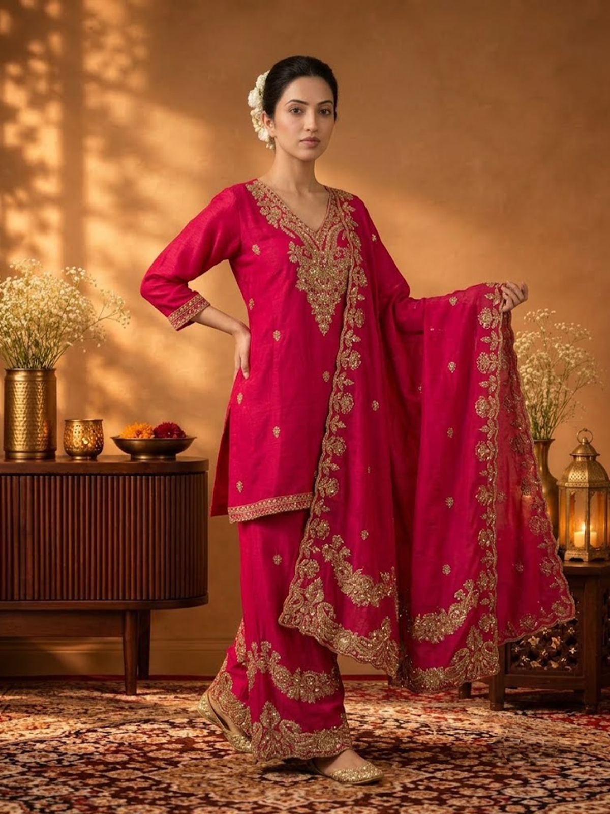 Women Fuchsia Viscose Cut Dena Adda Work Kurta Split Pant Dupatta