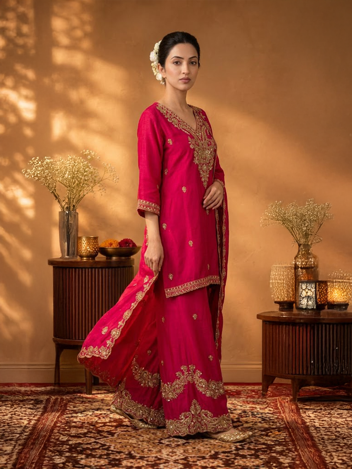 Women Fuchsia Viscose Cut Dena Adda Work Kurta Split Pant Dupatta