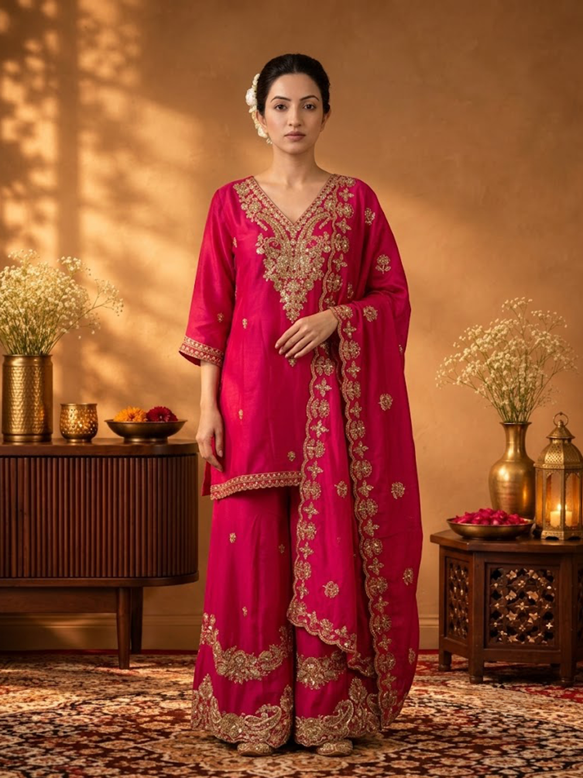 Women Fuchsia Viscose Cut Dena Adda Work Kurta Split Pant Dupatta