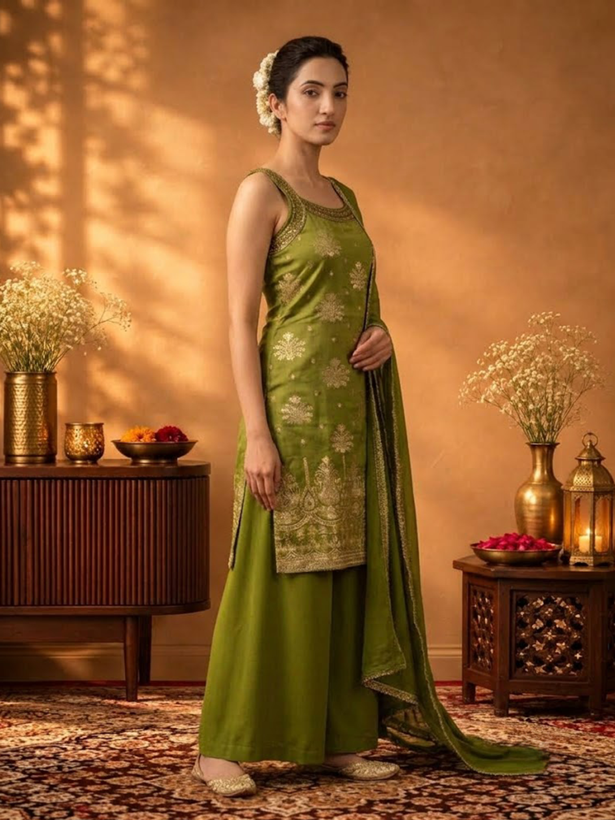 Women Pista Green Viscose Jacquard Adda Work Crop Top Wide Leg Dupatta