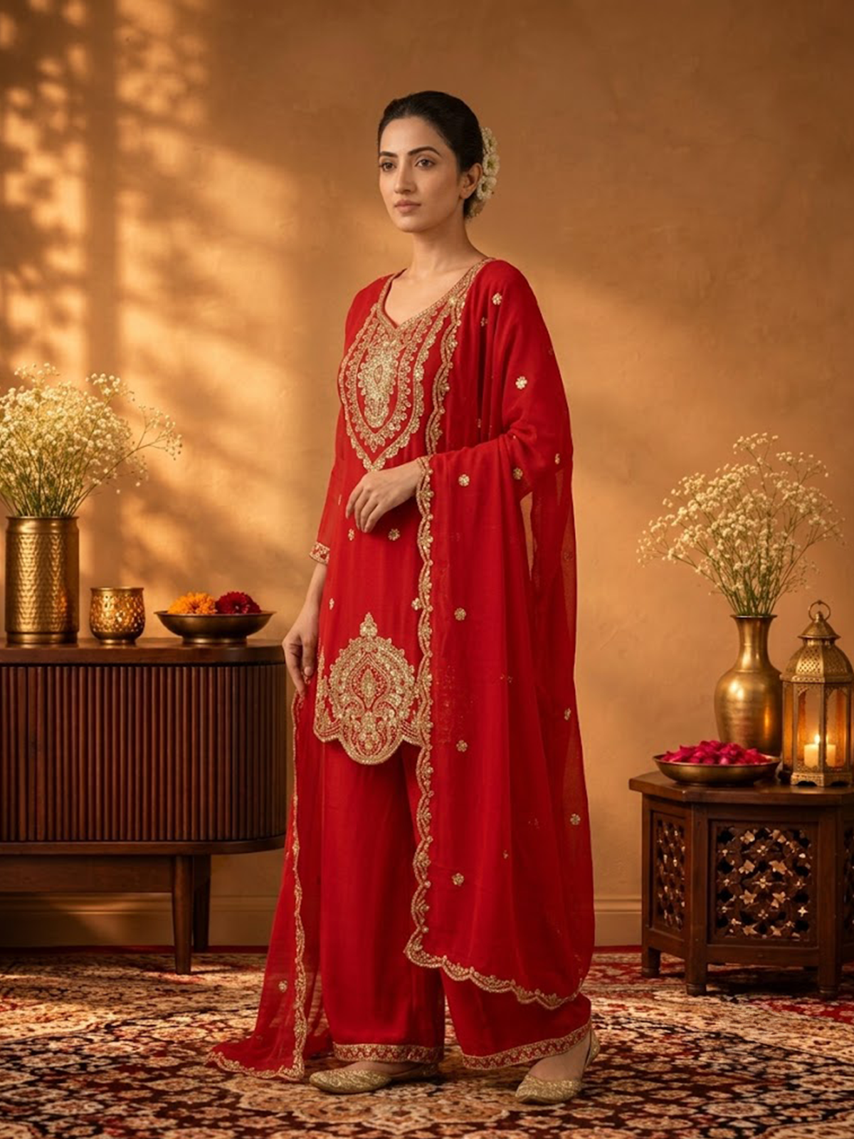 Women Rust Viscose Adda Work Kurta Palazzo Dupatta