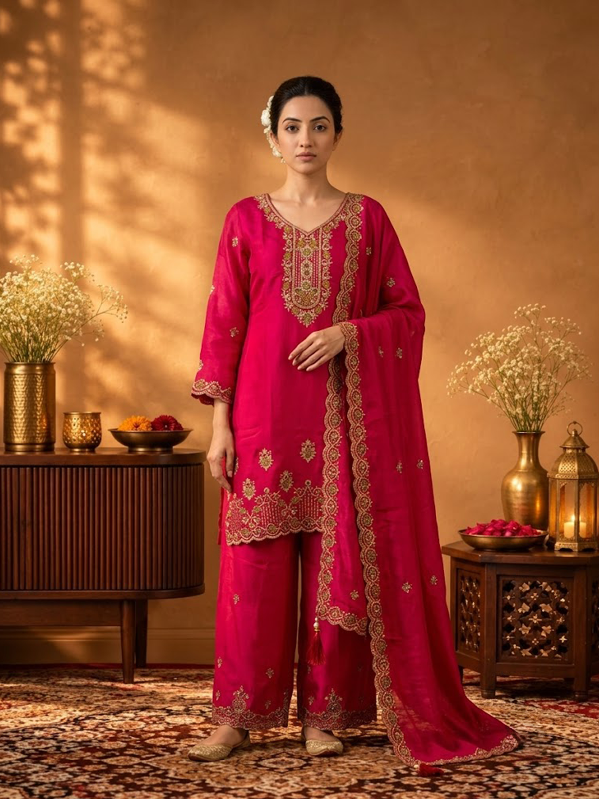 Women Hot Pink Viscose Embroidered Adda Work Kurta Palazzo Dupatta