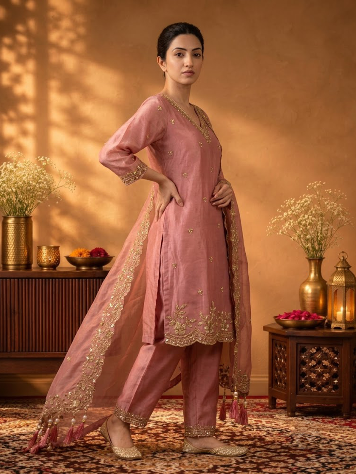 Women Candy Pink Viscose Adda Work Kurta Palazzo Dupatta