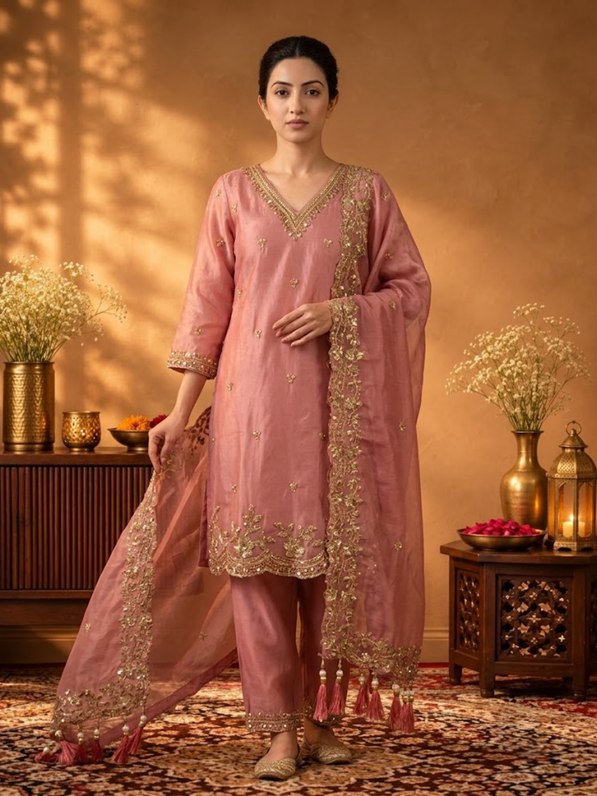 Women Candy Pink Viscose Adda Work Kurta Palazzo Dupatta
