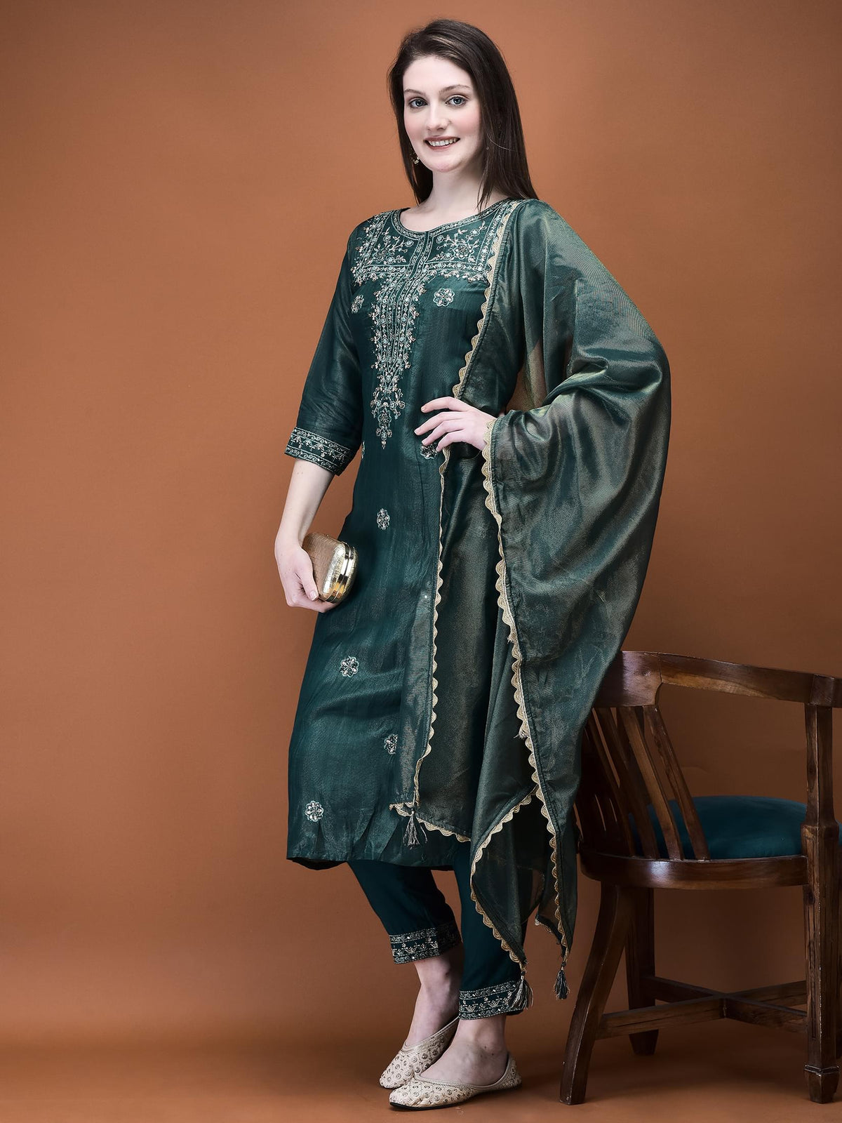 Women Muslin Green Embroidered Kurta Comfort Pant Dupatta.