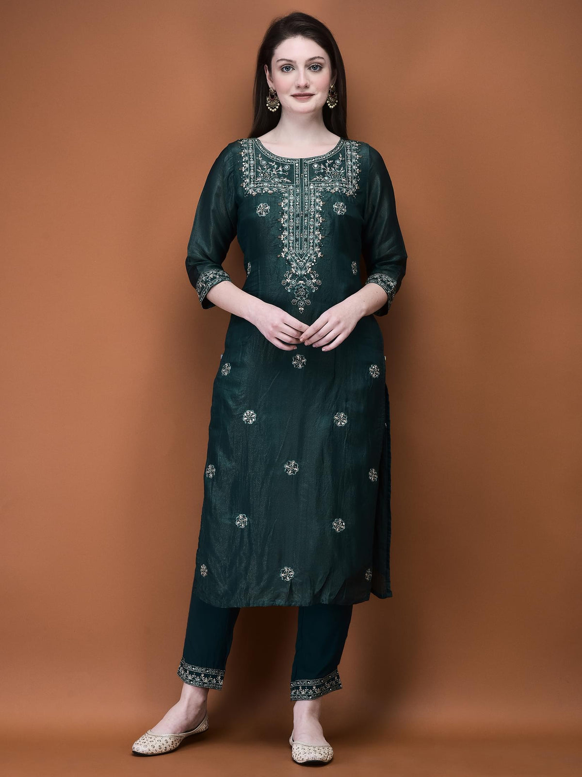 Women Muslin Green Embroidered Kurta Comfort Pant Dupatta.