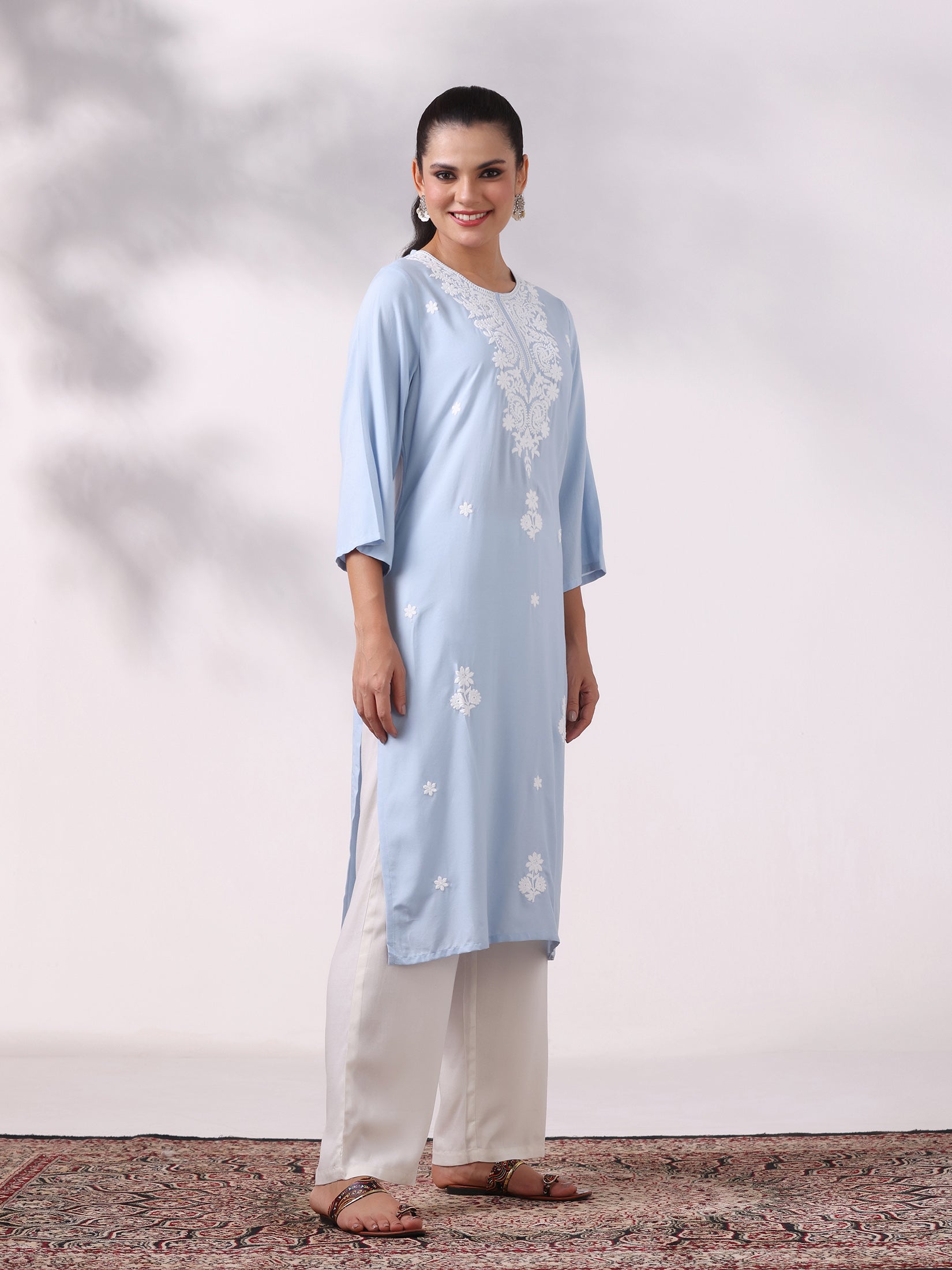 Women Liva Blue Embroidered Kurta