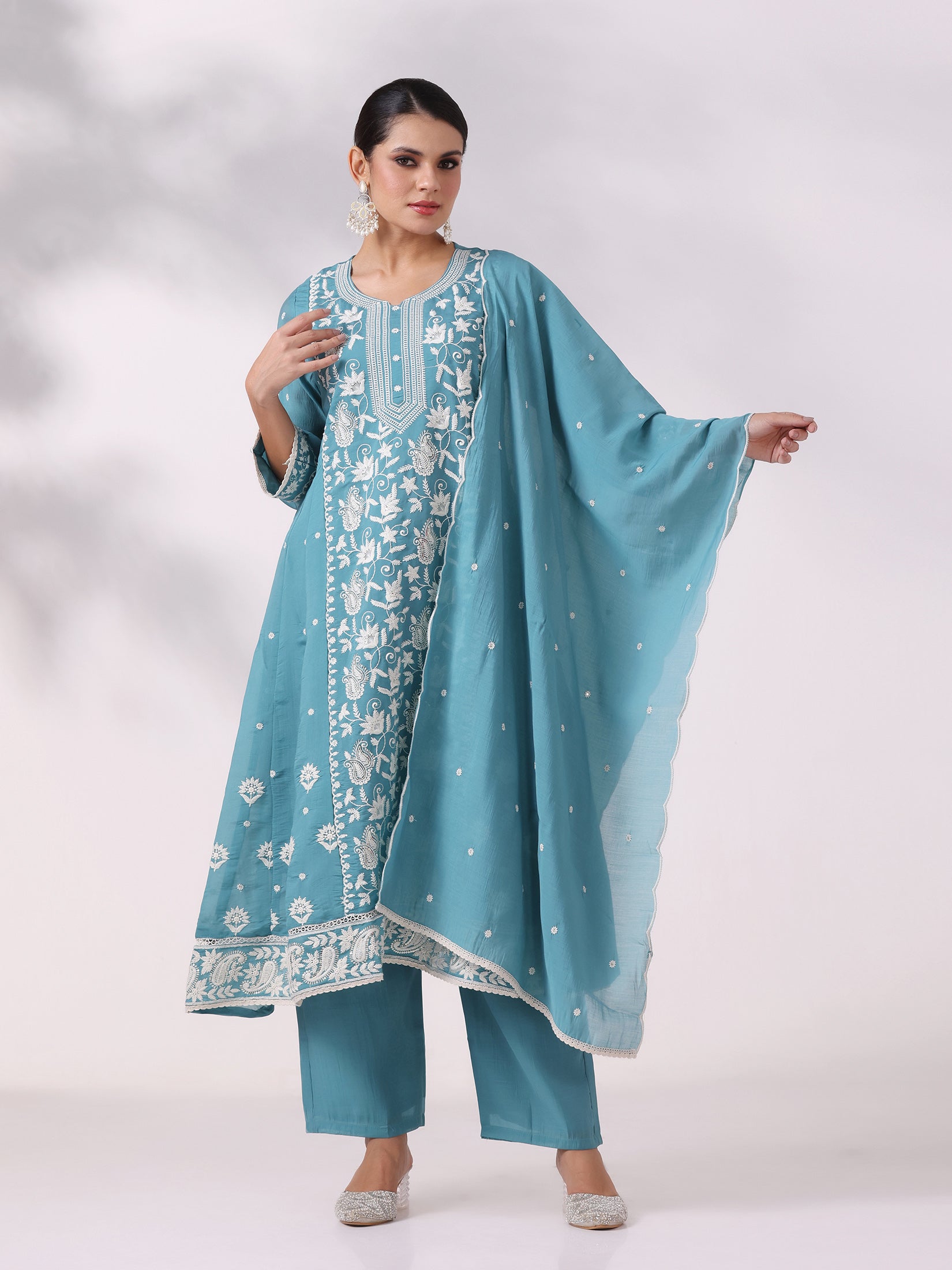 Women Blue Poly Viscose Embroidered Kurta Comfort Pant Dupatta