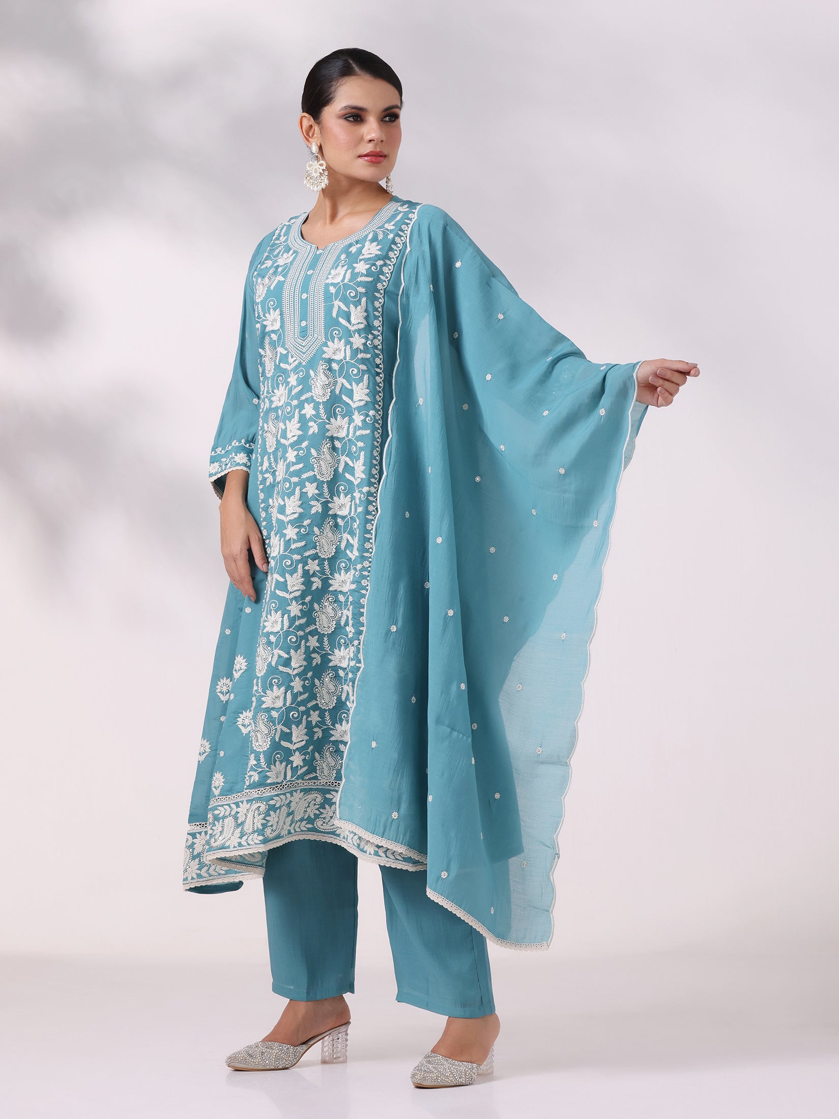 Women Blue Poly Viscose Embroidered Kurta Comfort Pant Dupatta