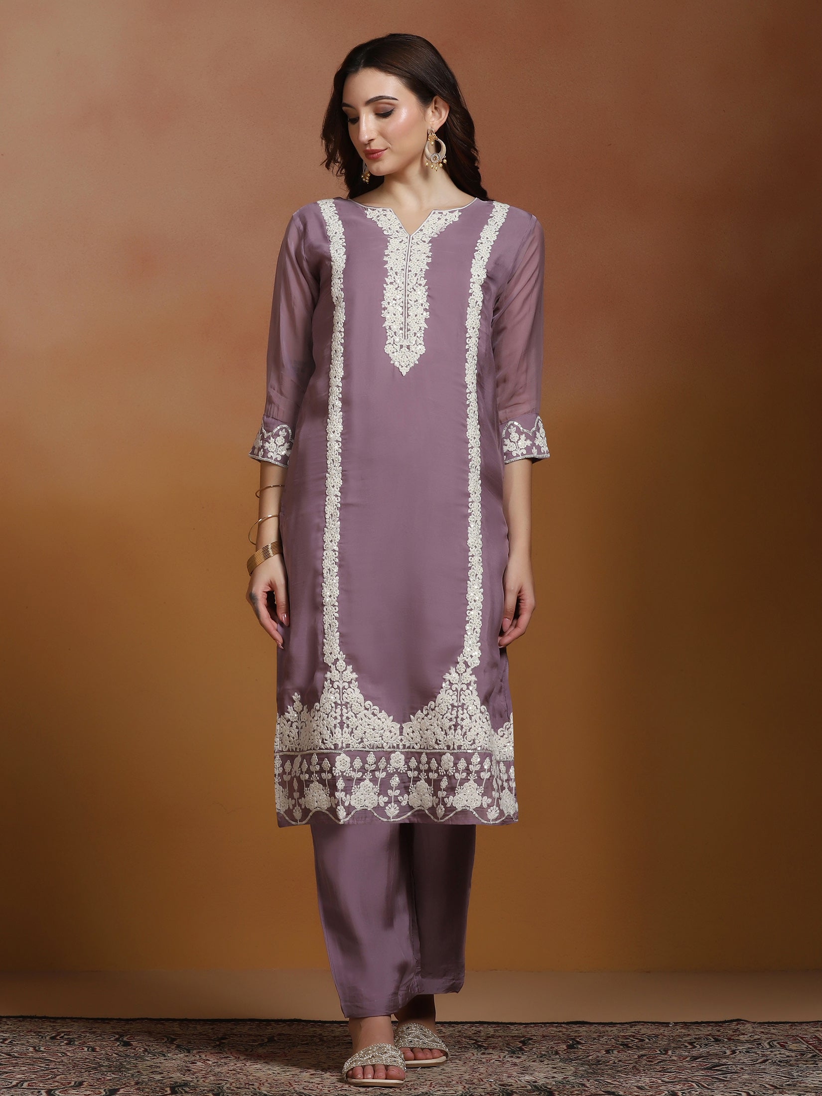 Women Viscose Organza Lilac Embroidered Kurta Comfort Pant Dupatta