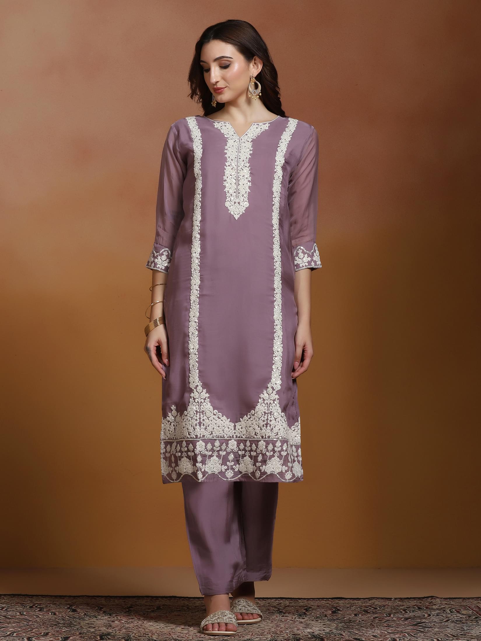 Women Viscose Organza Lilac Embroidered Kurta Comfort Pant Dupatta.