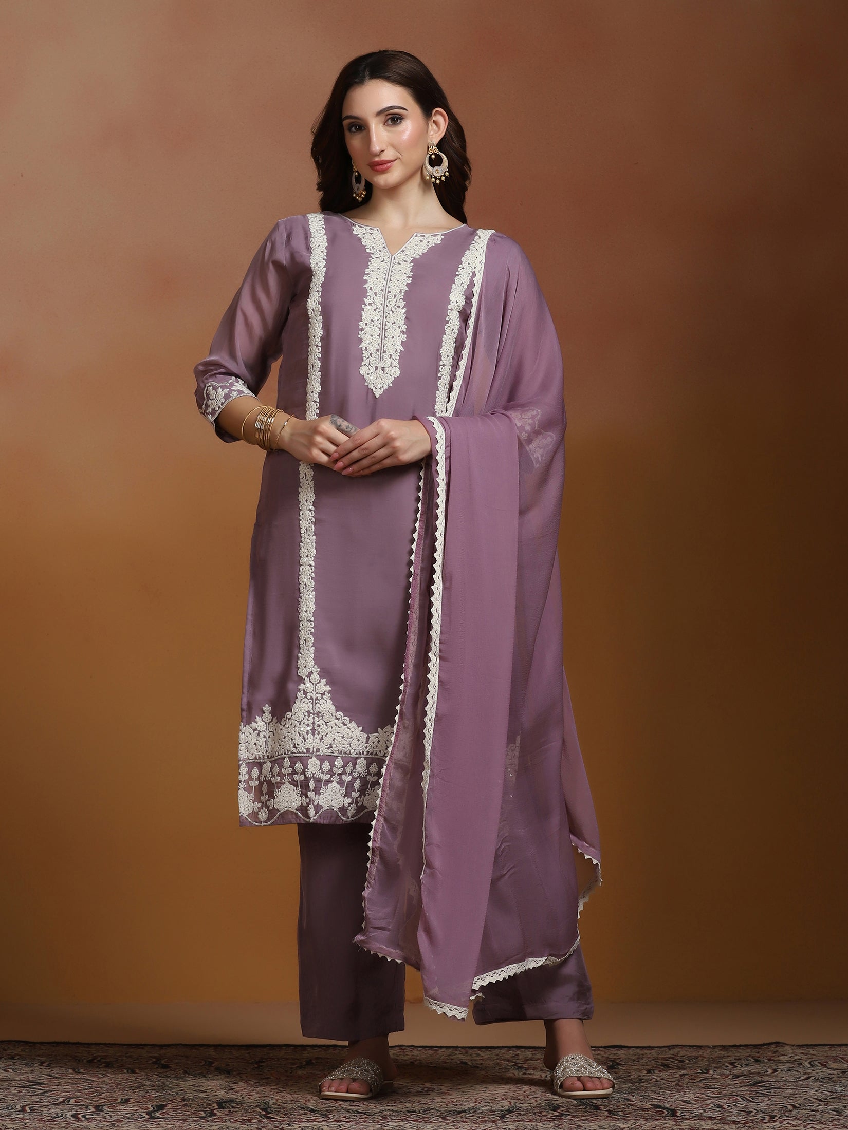 Women Viscose Organza Lilac Embroidered Kurta Comfort Pant Dupatta