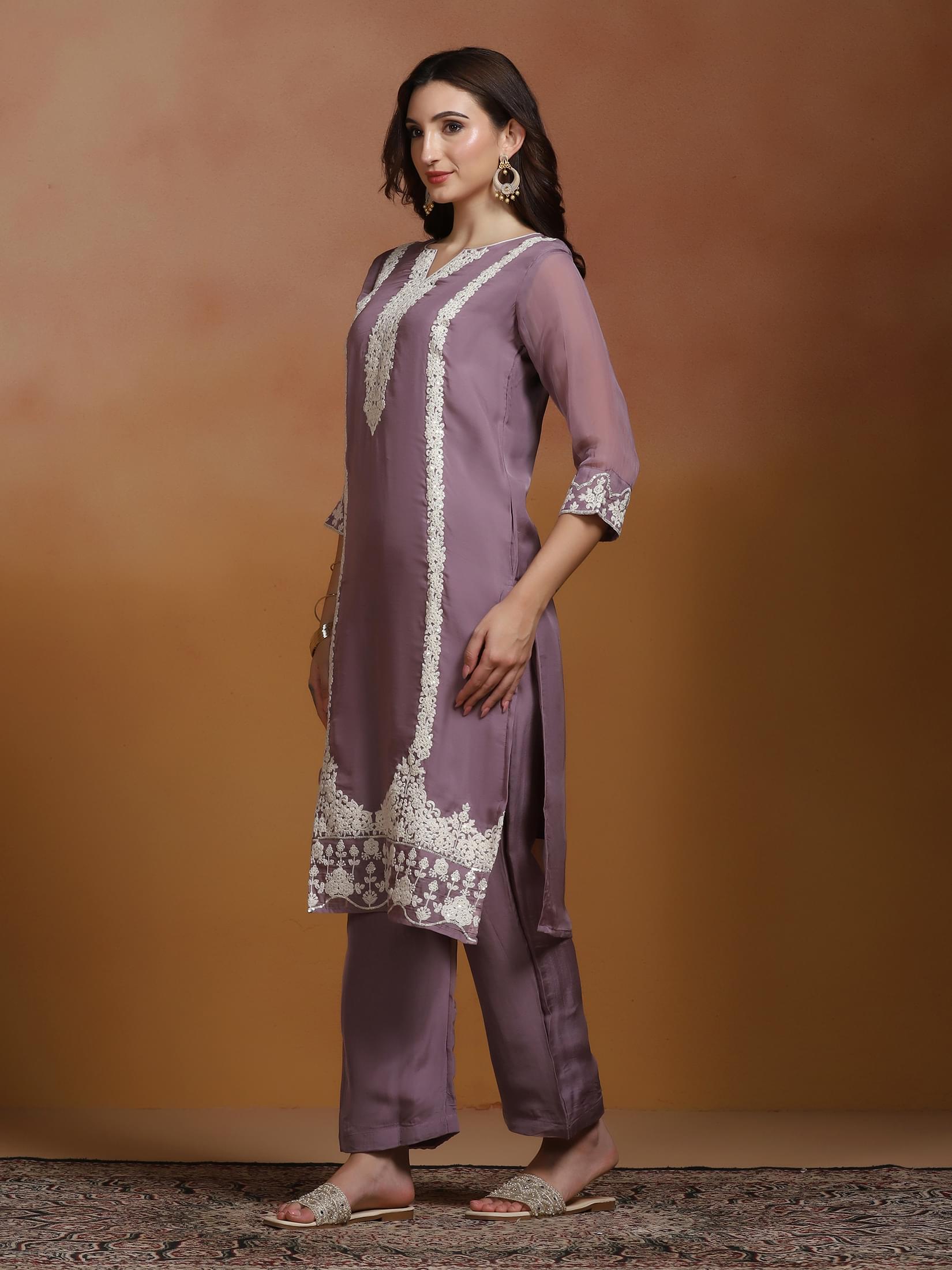 Women Viscose Organza Lilac Embroidered Kurta Comfort Pant Dupatta.