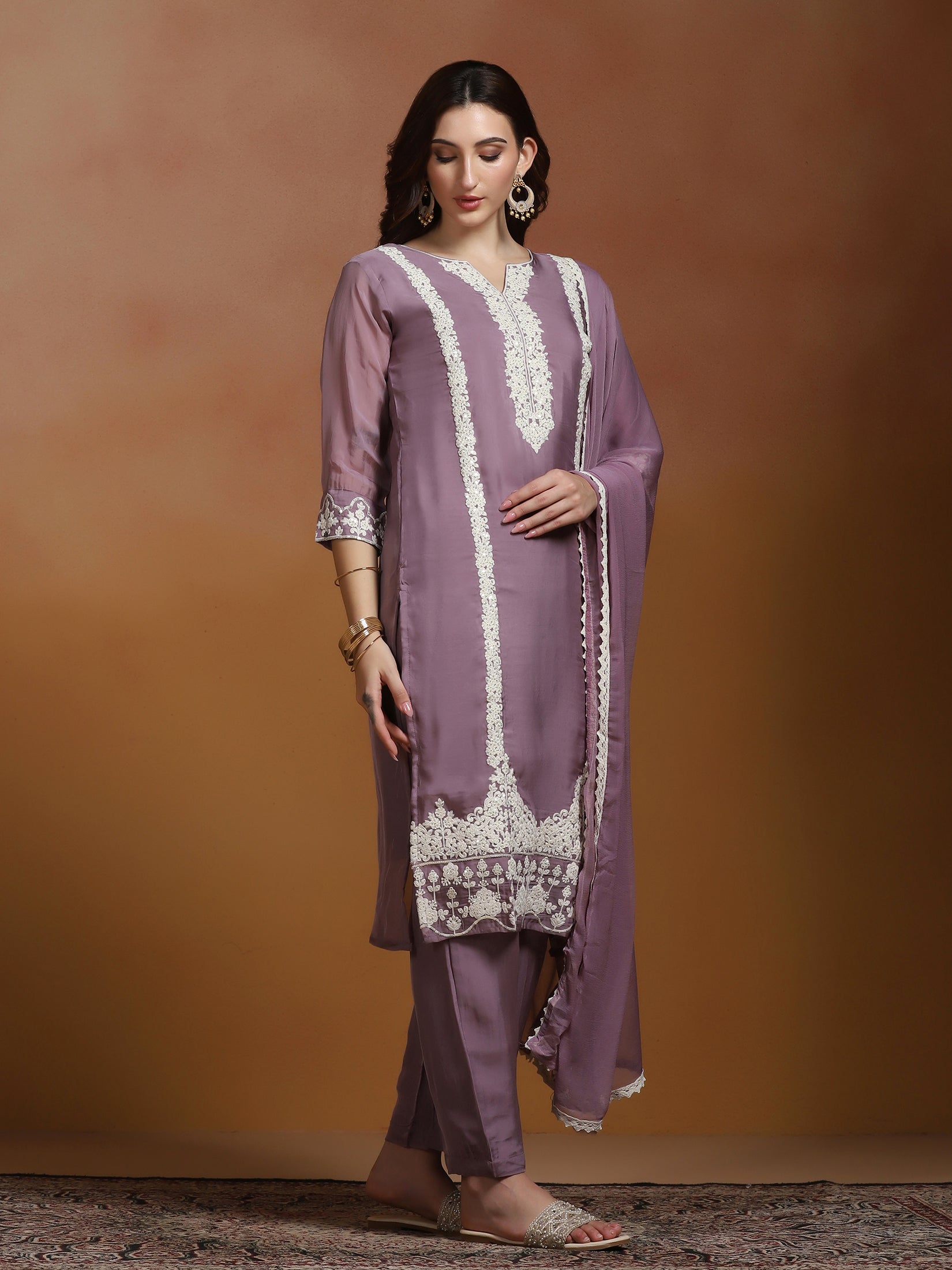 Women Viscose Organza Lilac Embroidered Kurta Comfort Pant Dupatta