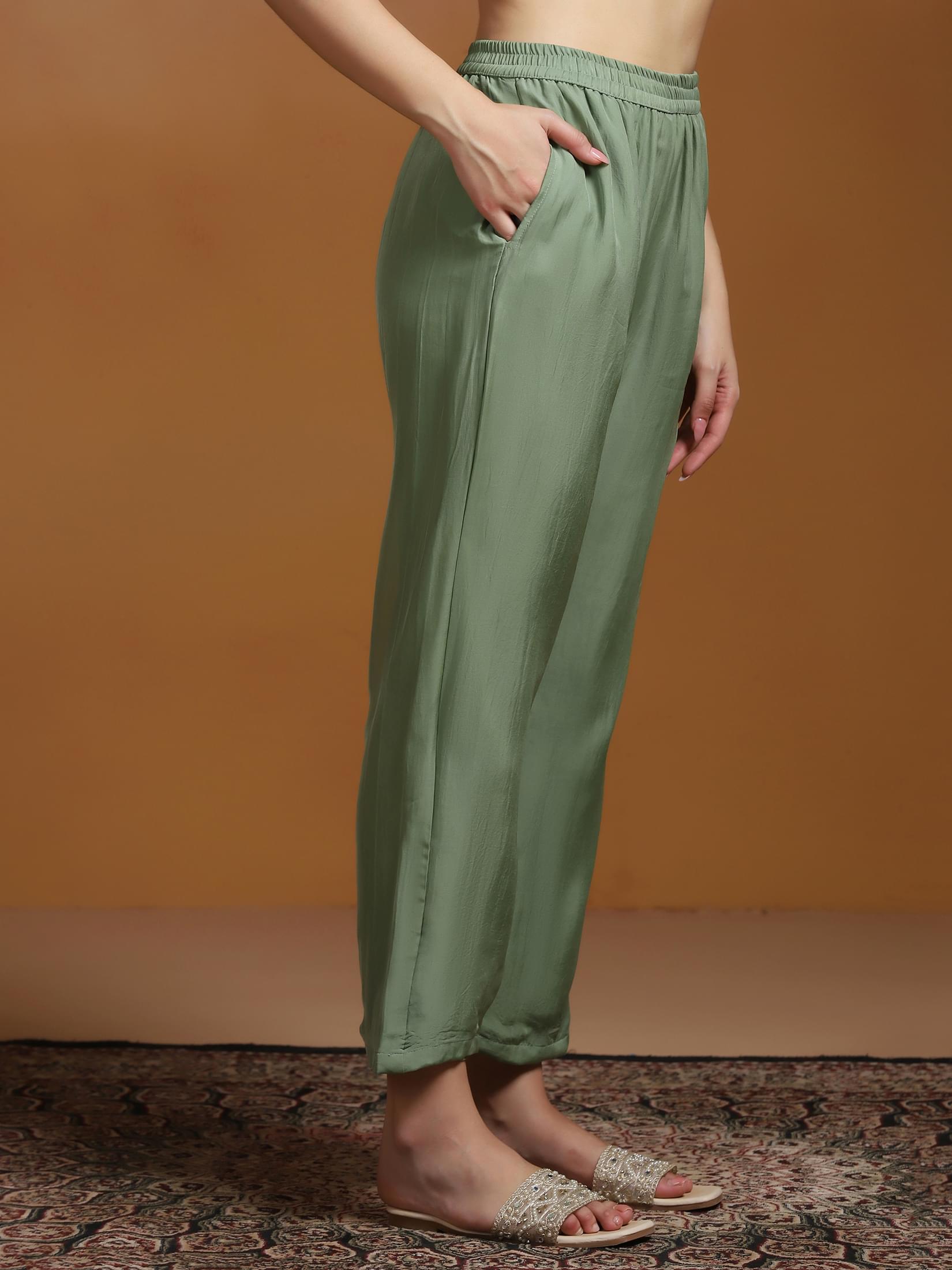 Women Viscose Organza Green Embroidered Kurta Comfort Pant Dupatta.