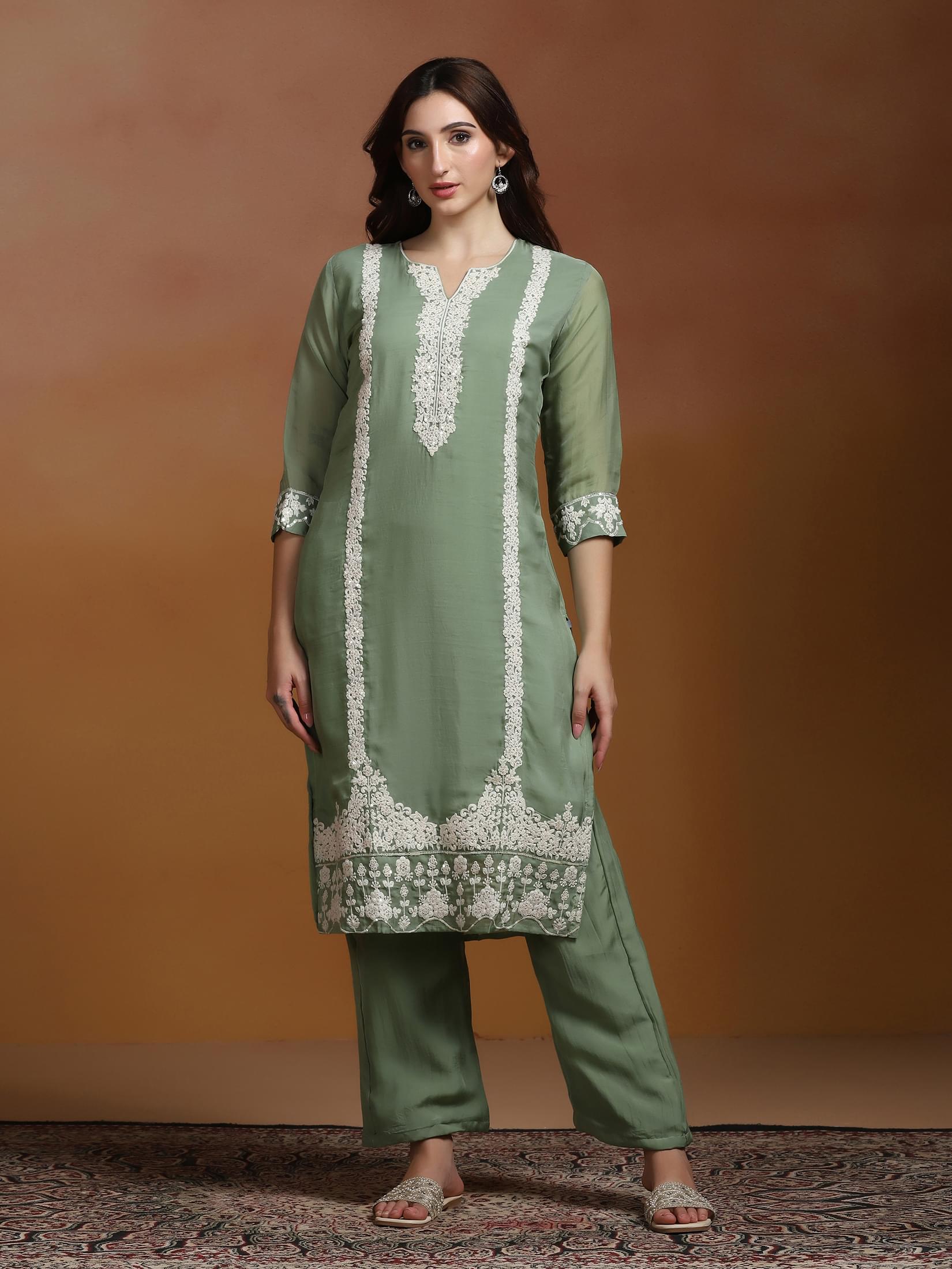 Women Viscose Organza Green Embroidered Kurta Comfort Pant Dupatta.