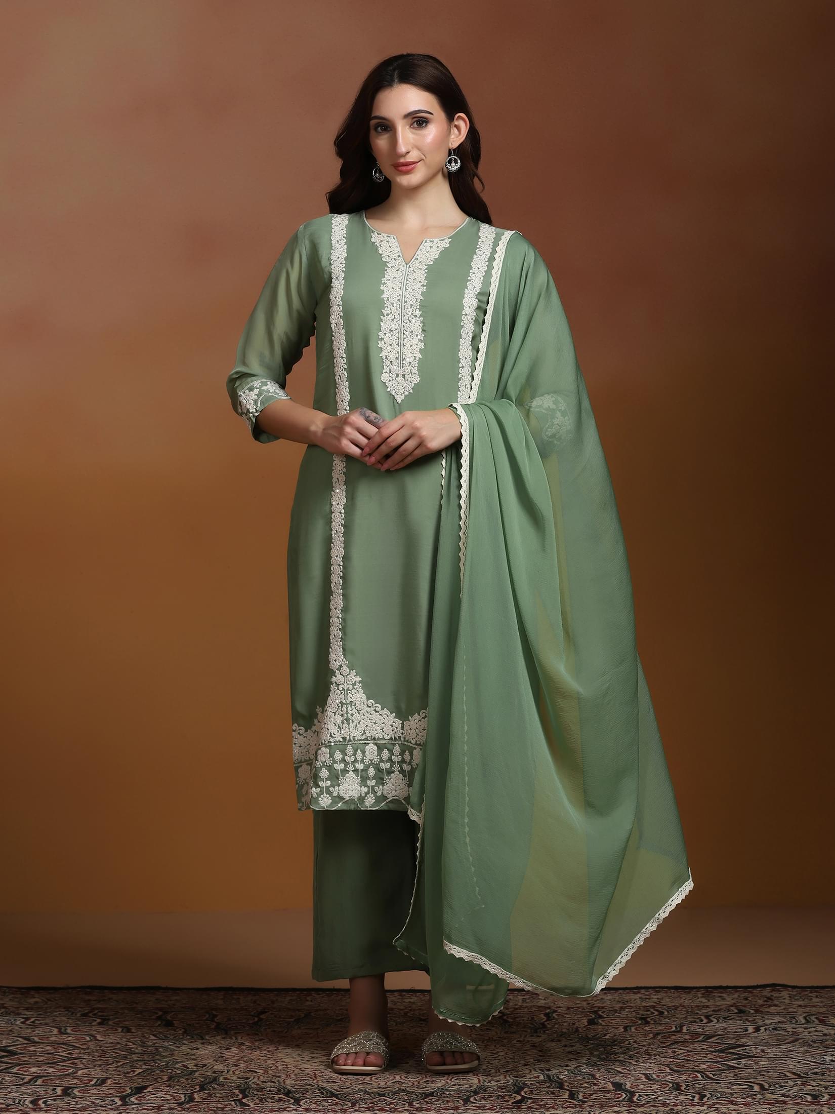 Mint green embroidered viscose organza festive wear kurta set byshree