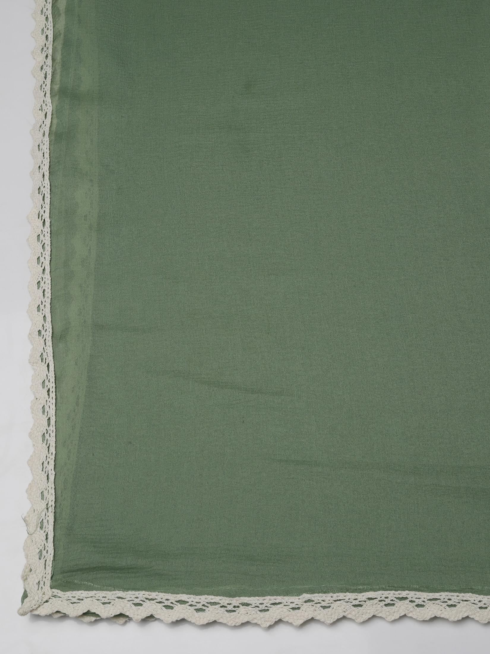 Women Viscose Organza Green Embroidered Kurta Comfort Pant Dupatta.